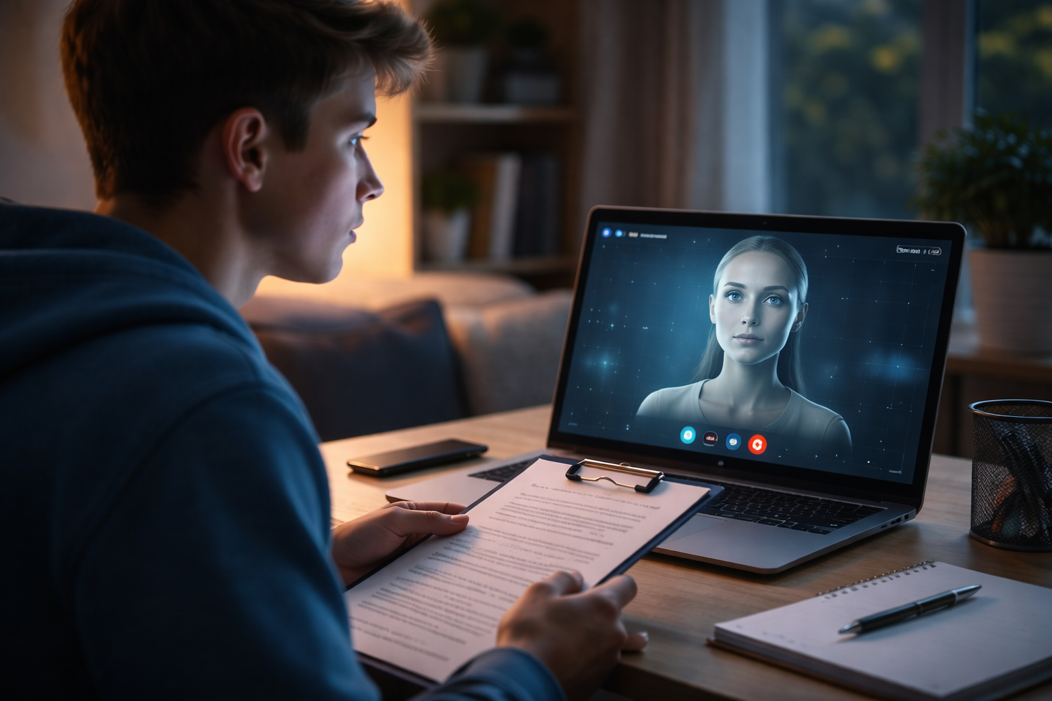 Jugendlicher sitzt abends konzentriert vor einem Laptop und übt ein Vorstellungsgespräch, auf dem Bildschirm erscheint eine digitale KI-Gesichtsprojektion, Bewerbungsunterlagen liegen vor ihm, ruhige, ernsthafte Atmosphäre.