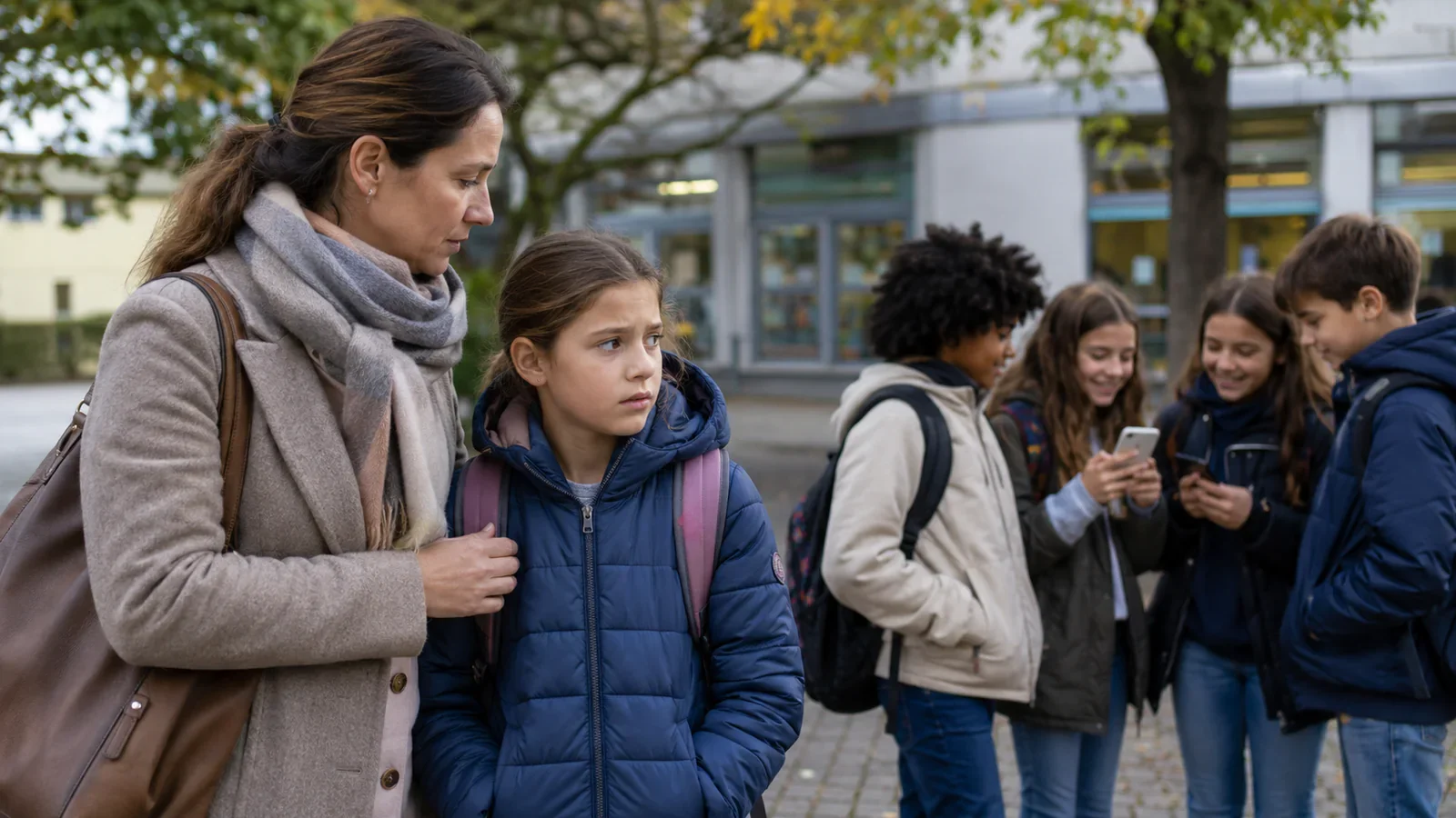 Eine Mutter steht mit ihrer Tochter auf dem Schulhof; im Hintergrund betrachten andere Kinder gemeinsam Smartphones.