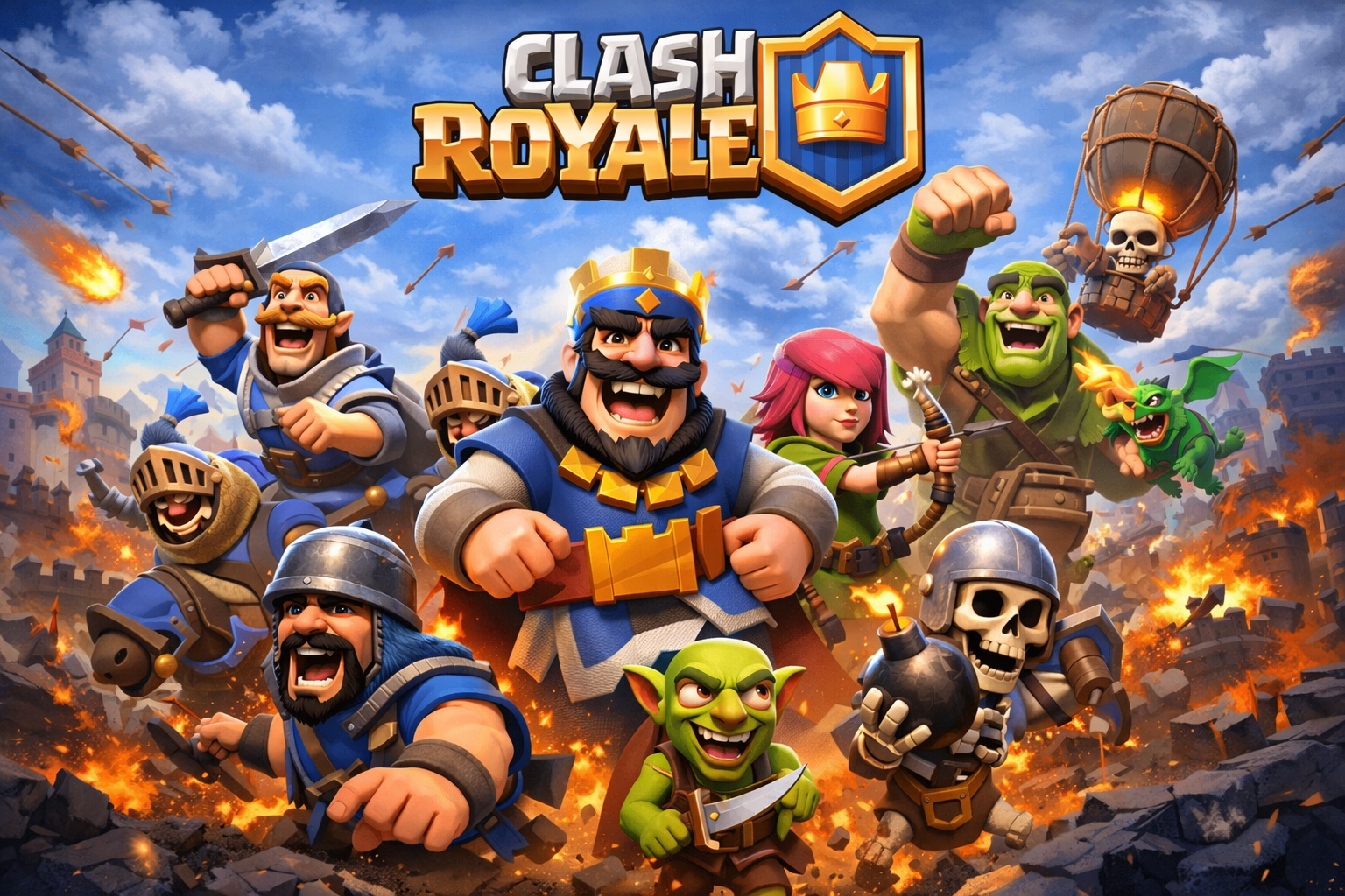 Szene aus dem Mobile Game Clash Royale mit verschiedenen Spielfiguren in einer Kampfszene, das Spiel steht exemplarisch für Free to Play Spiele mit Belohnungssystemen und In App Käufen.