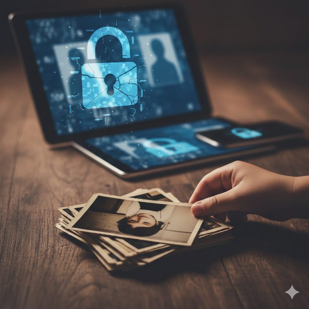 Eine Hand hält ein gedrucktes Foto eines Kindes über einem Stapel alter Bilder, im Hintergrund ist ein Laptop mit einem digitalen Vorhängeschloss-Symbol und angedeuteten Profilen zu sehen, um den Schutz der Privatsphäre im Internet zu symbolisieren.
