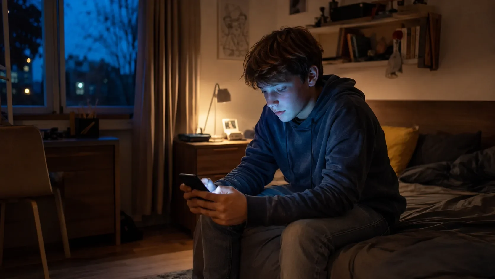 Ein Jugendlicher sitzt abends auf seinem Bett und schreibt auf seinem Smartphone mit einem KI-Chatbot.