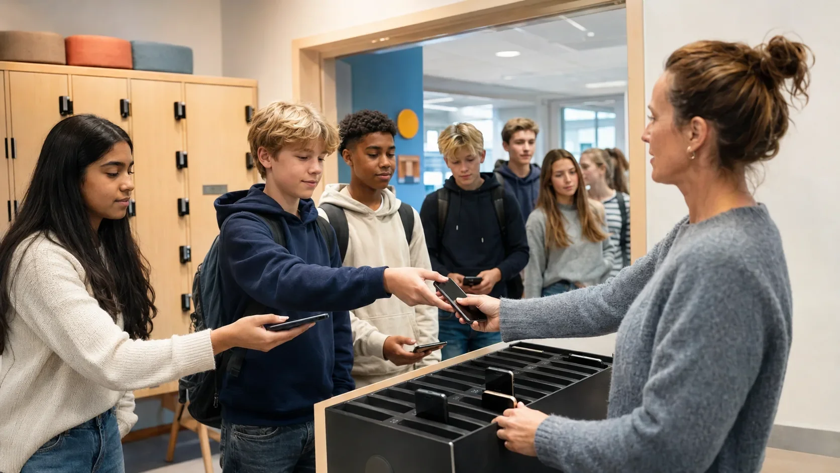 Schülerinnen und Schüler geben ihre Smartphones am Morgen bei einer Lehrerin ab, die die Geräte für den Schultag sicher verwahrt.
