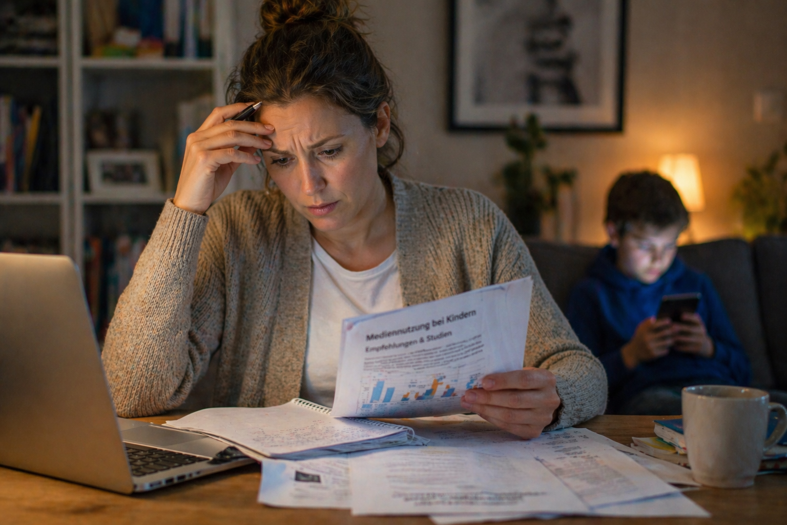 Mutter sitzt am Tisch und schaut besorgt auf Unterlagen zur Mediennutzung, während ihr Kind im Hintergrund vertieft auf ein Smartphone blickt