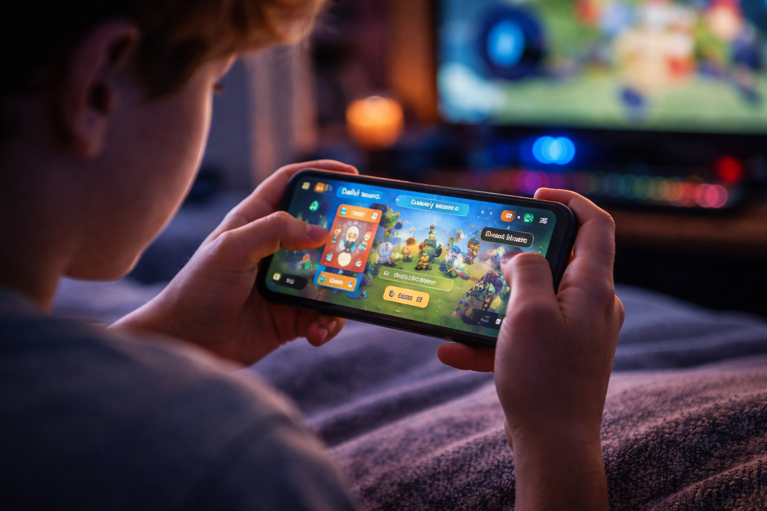 Ein Kind hält ein Smartphone und spielt ein Mobile Game mit bunten Belohnungen und Fortschrittsanzeigen, während der Bildschirm das Gesicht beleuchtet.