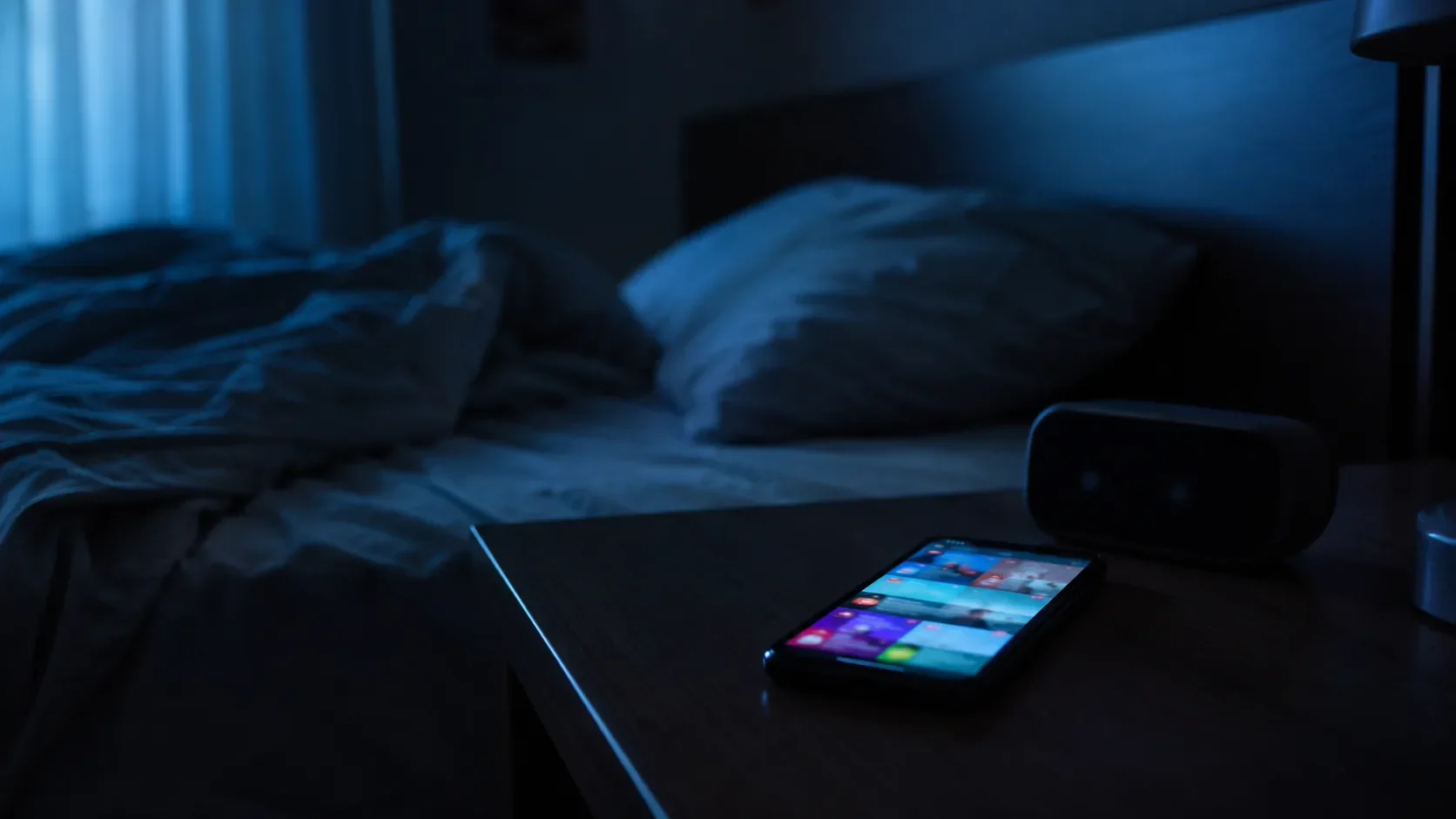 Ein Smartphone mit einem leuchtenden Social-Media-Feed liegt nachts neben einem ungemachten Bett.