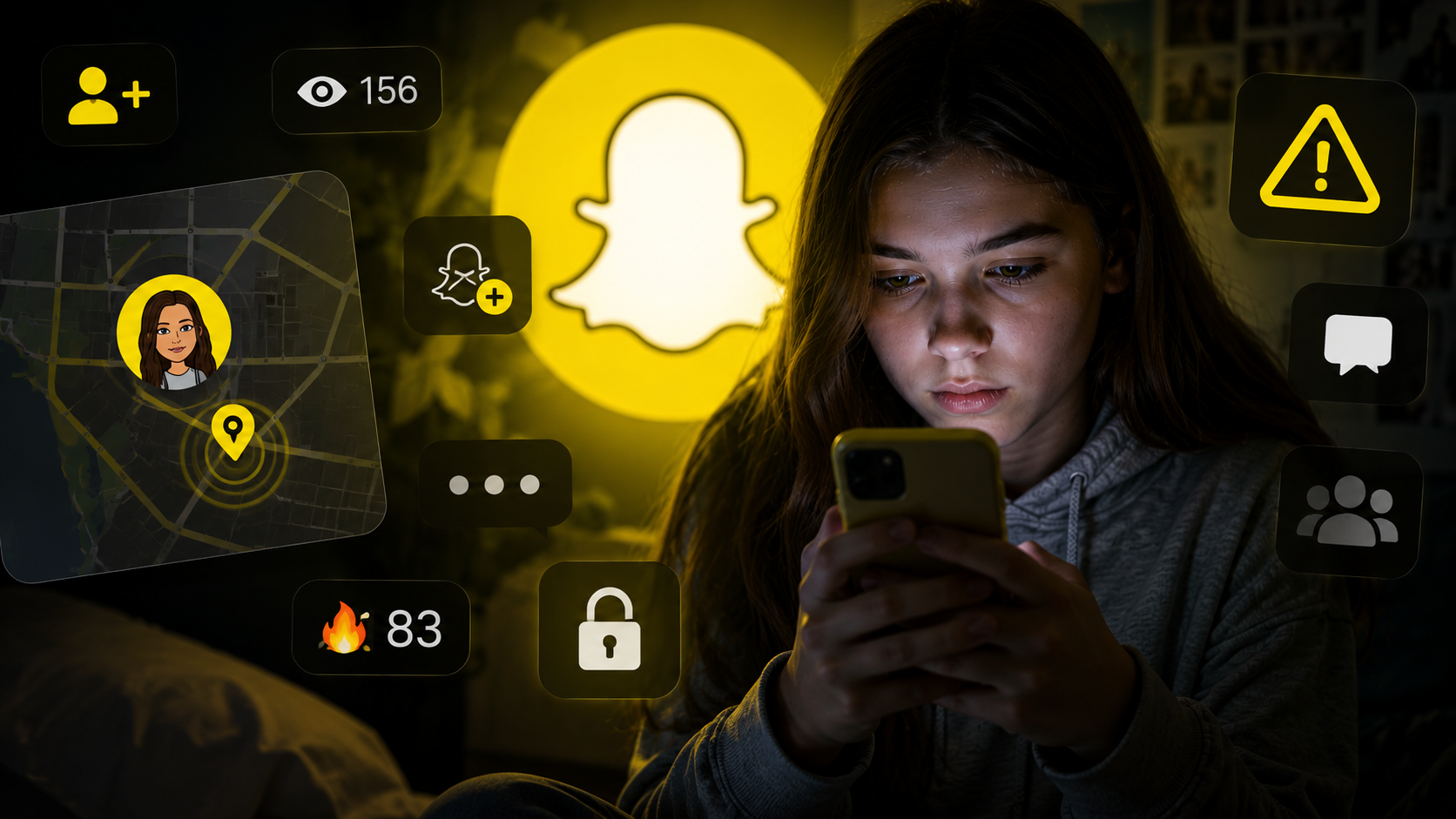 Jugendliches Mädchen schaut nachts auf ein Smartphone, umgeben von Snapchat-Symbolen, Warnhinweisen und einer hervorgehobenen Standortanzeige als Symbol für Risiken von Snapchat für Kinder und Jugendliche.