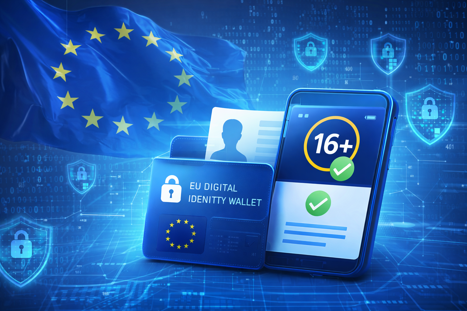 Symbolische Darstellung einer digitalen Altersverifikation auf EU-Ebene: Ein Smartphone mit Altersfreigabe neben einer digitalen EU-Identitäts-Wallet steht für datensparsame Altersprüfung ohne Weitergabe persönlicher Daten an Plattformen.
