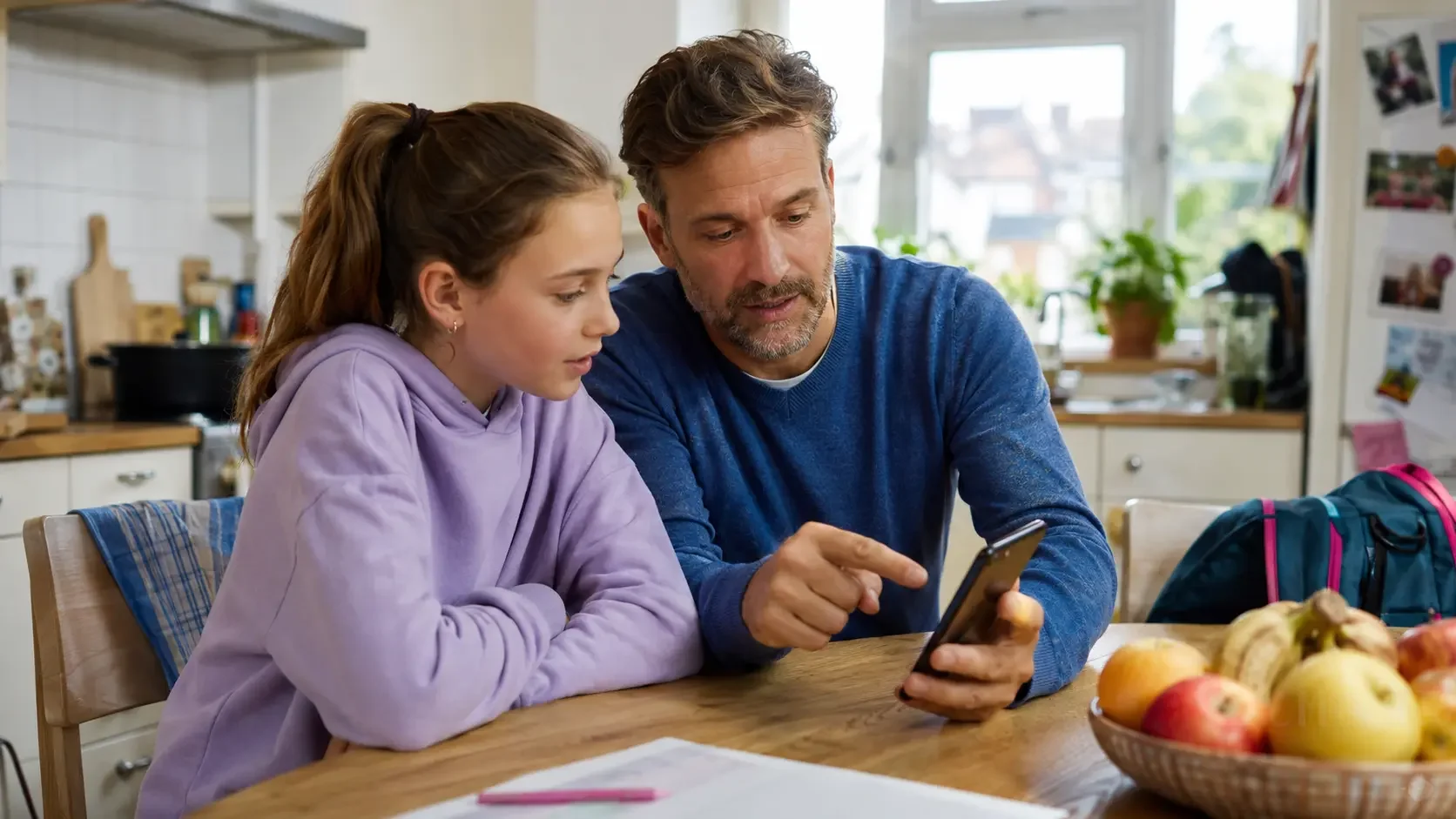 Ein Vater prüft gemeinsam mit seiner Tochter die Jugendschutzeinstellungen auf einem Smartphone.