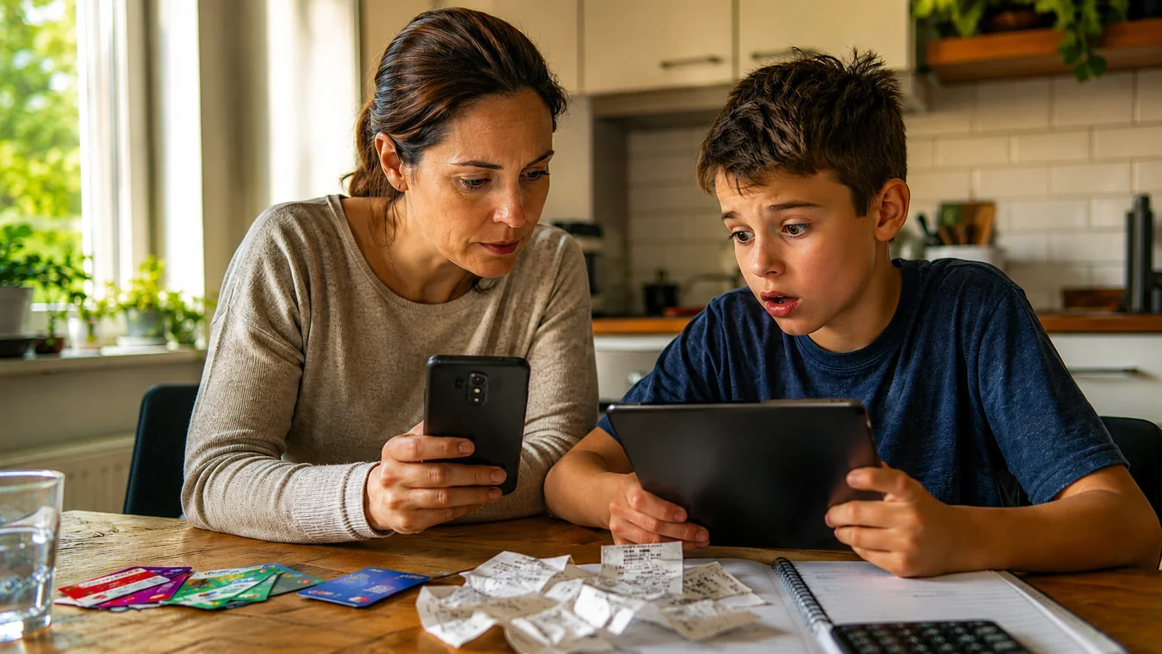 Eine Mutter und ihr Sohn sitzen am Küchentisch und prüfen gemeinsam auf Smartphone und Tablet die Ausgaben für Spiele. Vor ihnen liegen Kassenbons und mehrere Geschenkkarten.