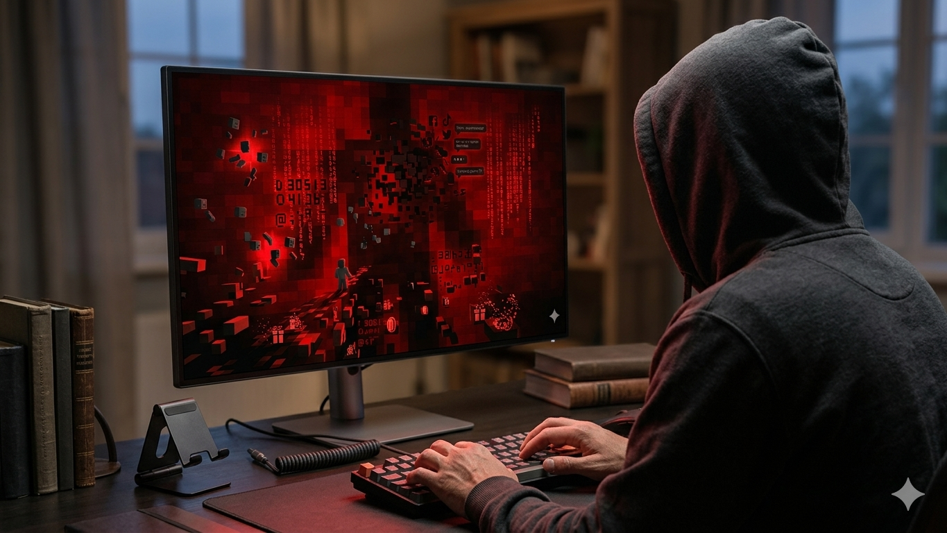 Person mit Kapuze sitzt vor einem Computerbildschirm mit roter, pixelartiger Roblox-ähnlicher Darstellung, die auf digitale Risiken, Manipulation und Gefahren für Kinder auf Plattformen hinweist