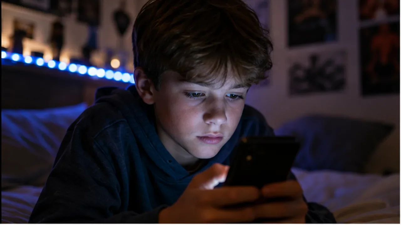 Ein Junge liegt abends im dunklen Schlafzimmer und schaut konzentriert auf ein Smartphone mit einem KI-generierten Ratgebervideo.