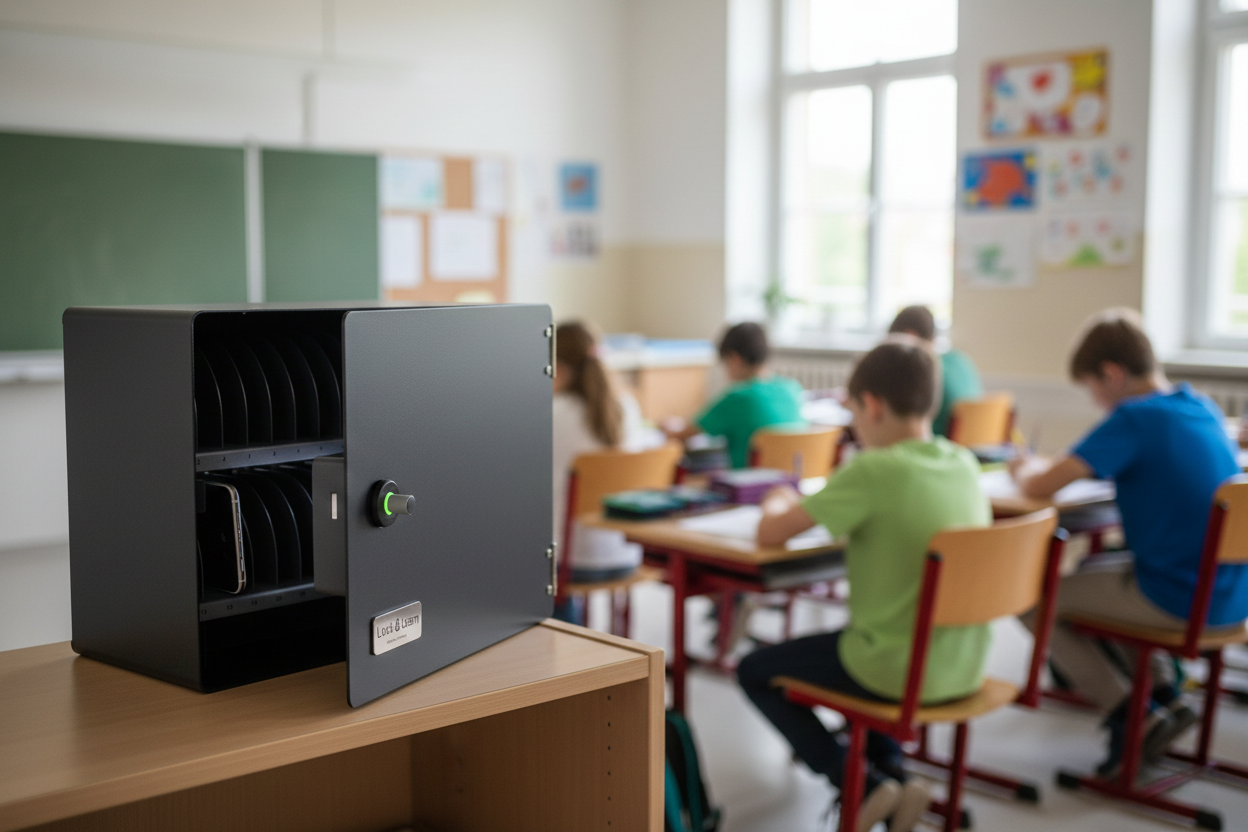 Geöffnete Lock&Learn Smartphone-Box im Vordergrund eines Klassenzimmers, während Schülerinnen und Schüler im Hintergrund unscharf konzentriert arbeiten