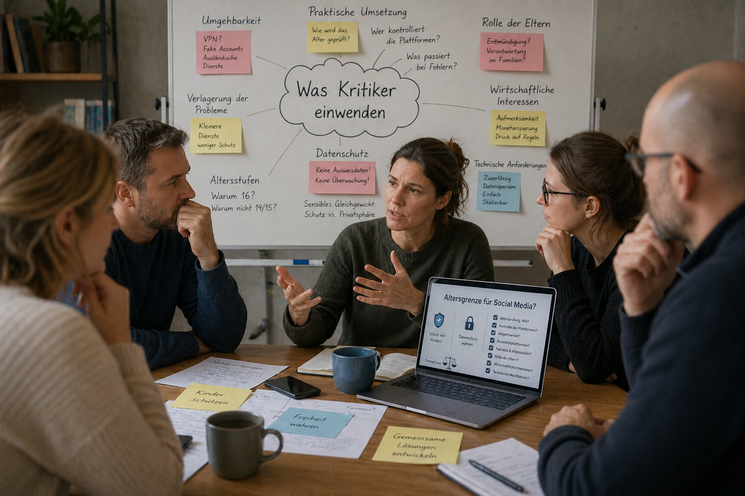 Gruppe von Erwachsenen diskutiert an einem Tisch über Altersgrenzen für soziale Medien, Datenschutz und technische Umsetzung