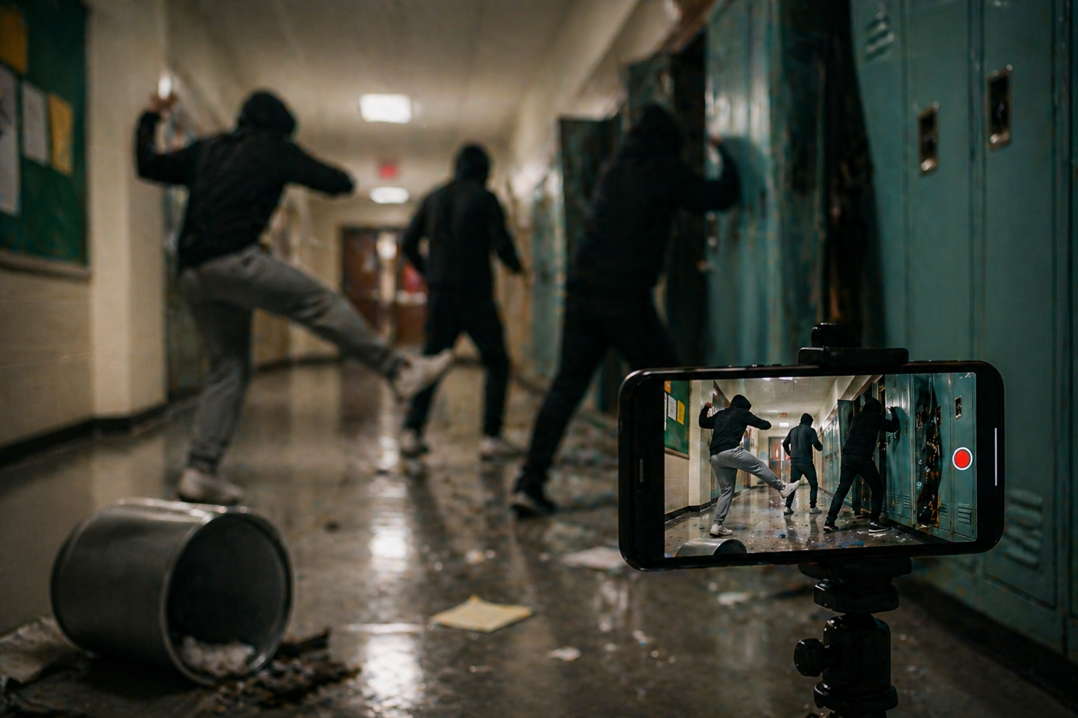 Jugendliche filmen sich unscharf beim Vandalismus in einem Schulflur, während ein Smartphone auf einem Stativ die Szene aufzeichnet und die Dynamik von Social Media Challenges sichtbar wird