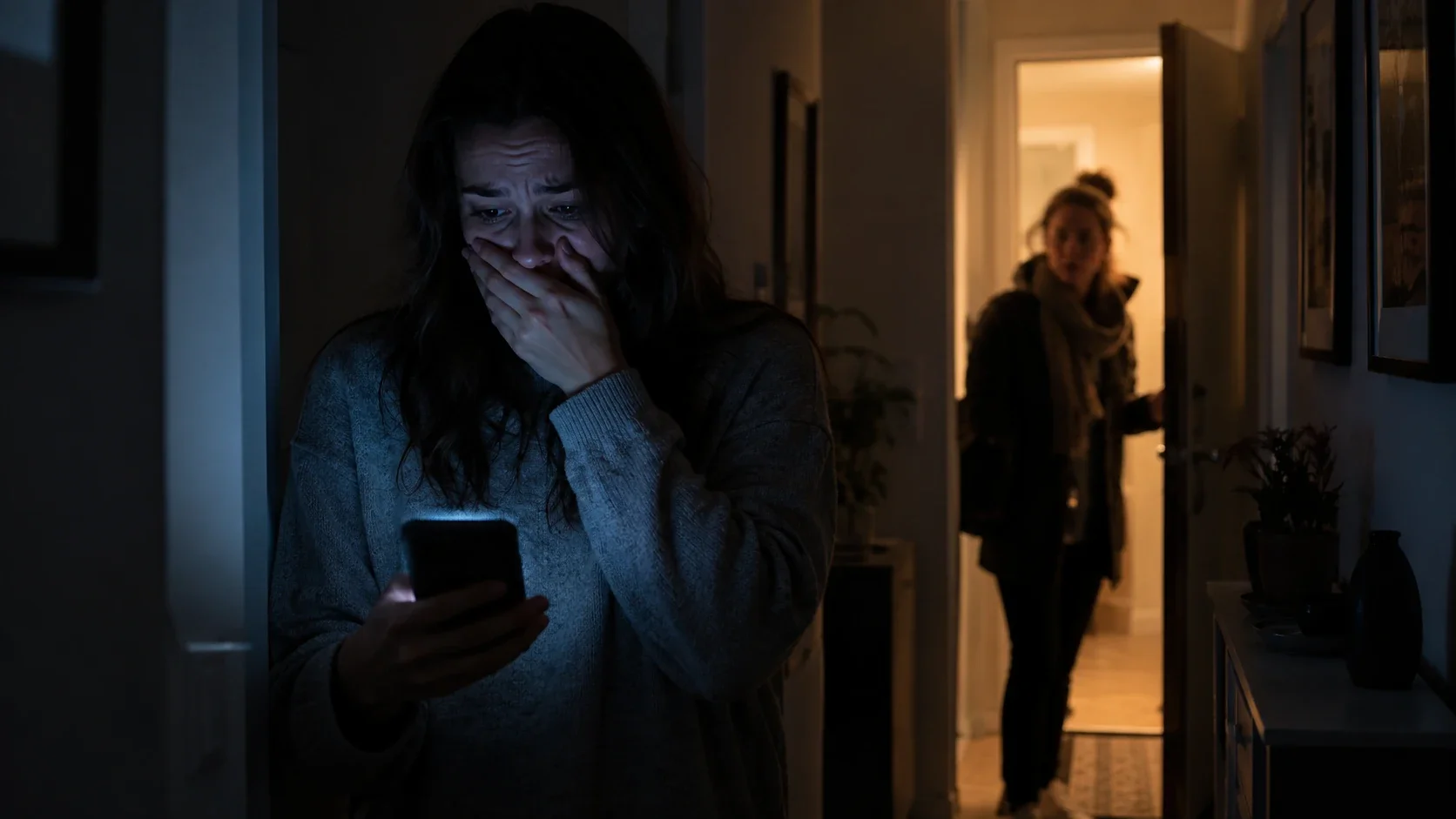 Eine junge Frau liest erschrocken eine Nachricht auf ihrem Smartphone. Eine Vertrauensperson kommt durch die beleuchtete Tür auf sie zu.