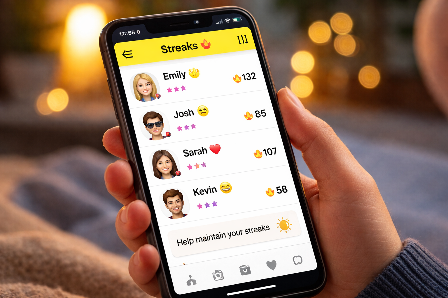 Nahaufnahme eines Smartphones mit sichtbaren Snapchat Streaks und Flammen Symbolen, die den täglichen Kontaktzwang zwischen Nutzern zeigen