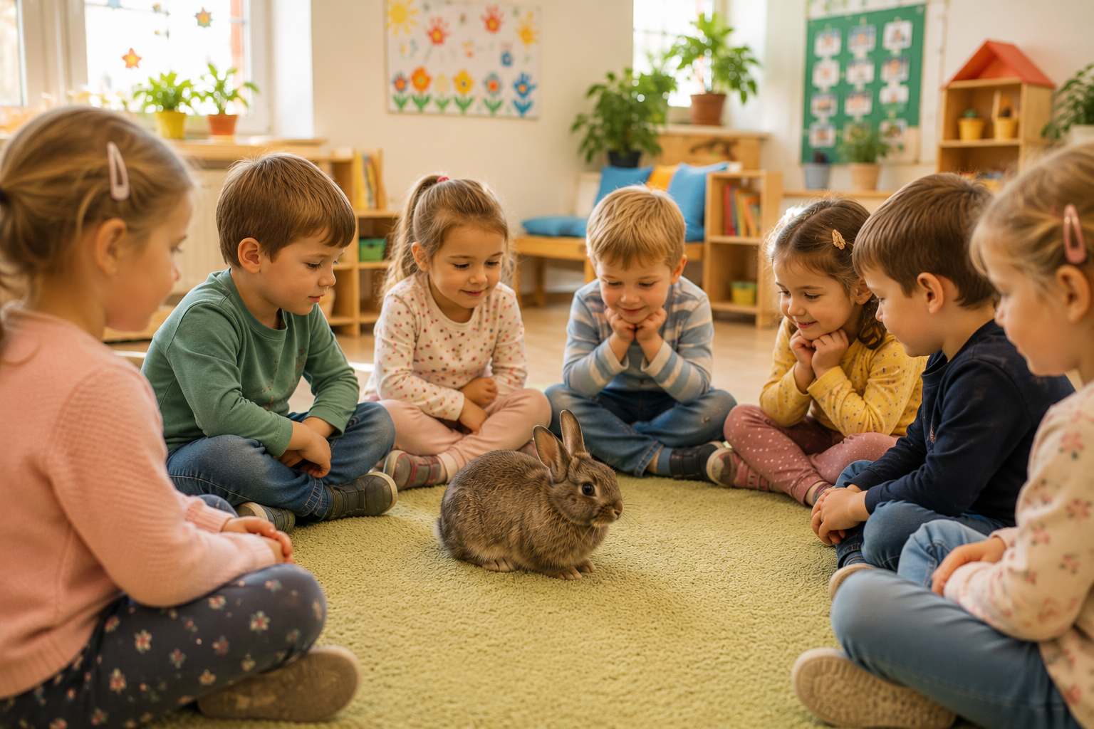 Kinder sitzen in einem freundlichen Kita-Sitzkreis um ein echtes Kaninchen in der Mitte und beobachten das Tier neugierig und aufmerksam.