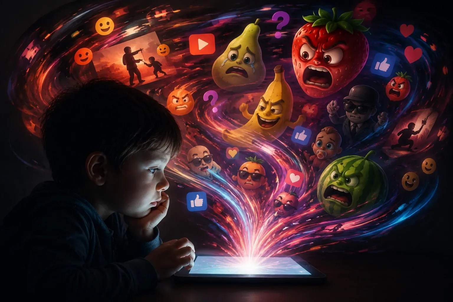 Ein Kind blickt konzentriert auf ein Tablet, während bunte, abstrakte Symbole, sprechende Früchte und digitale Reize aus dem Bildschirm strömen und die Reizüberflutung durch soziale Netzwerke symbolisieren.