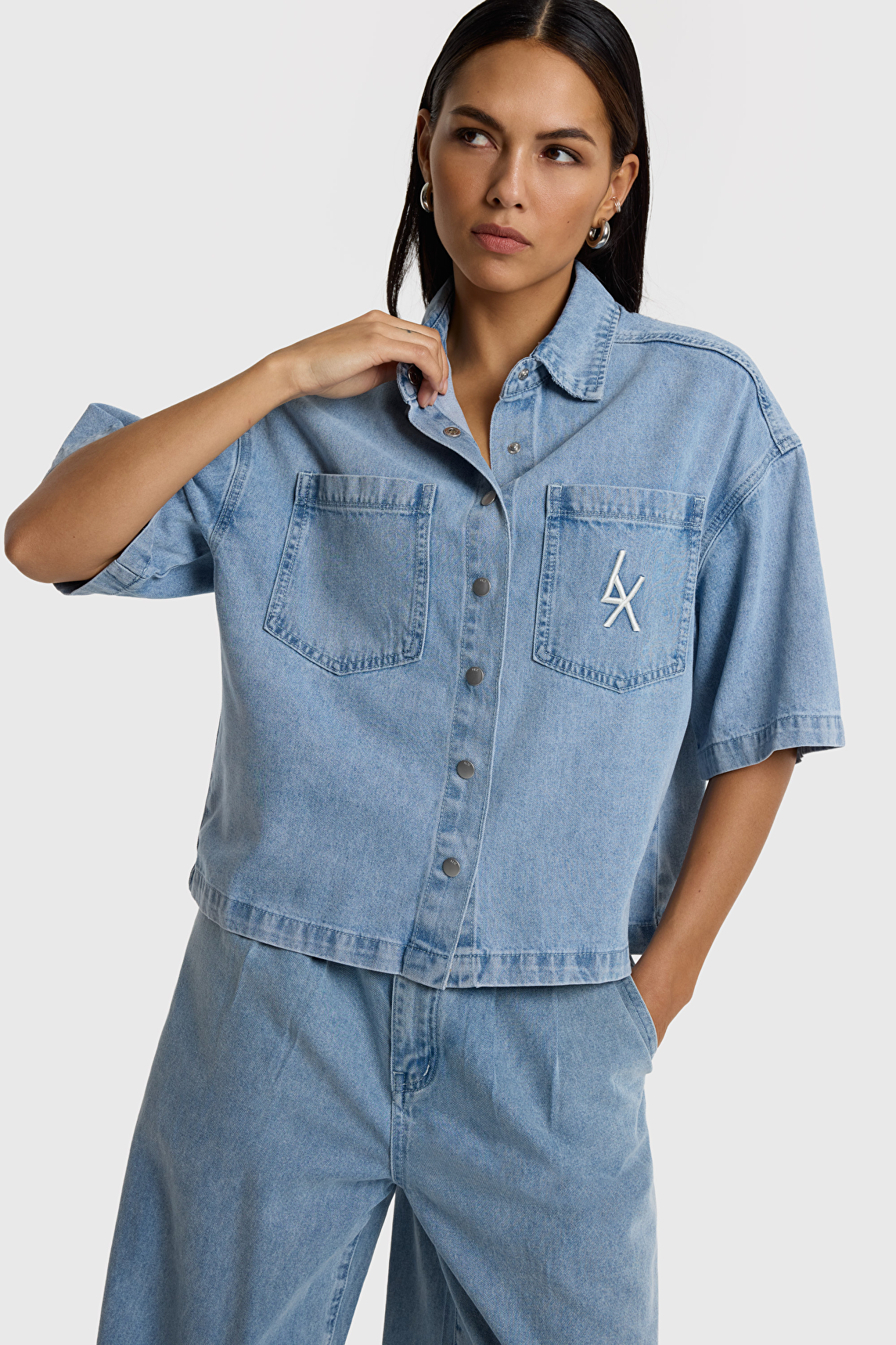 Denim short sleeve blouse 1.webp