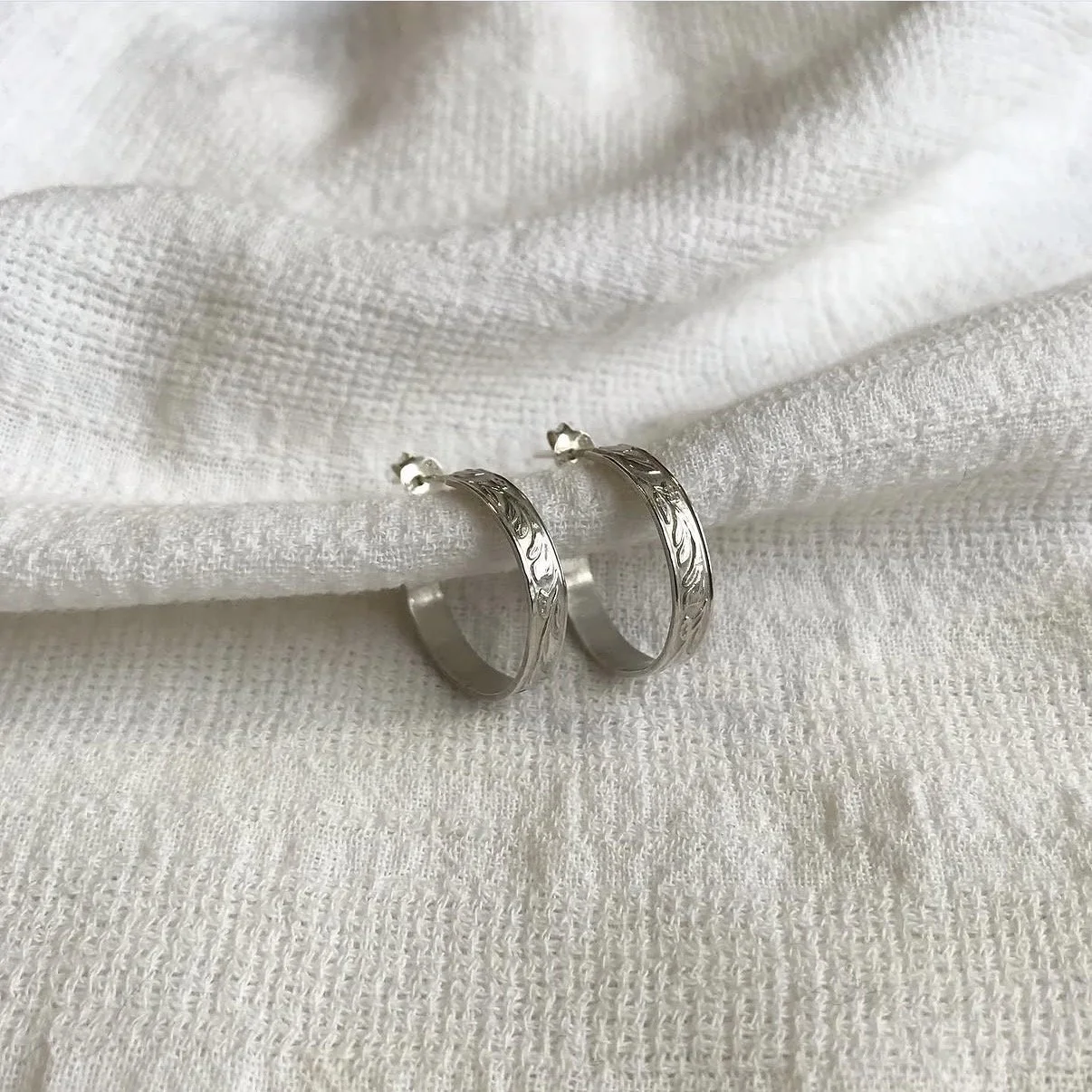 Floral Engraved Sterling Silver Hoop Earrings