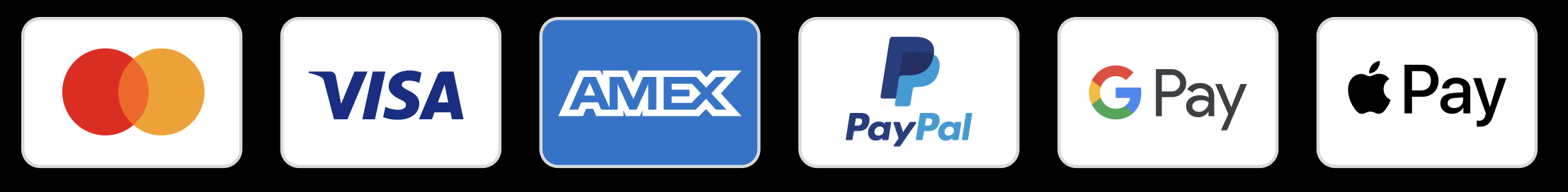 Payment methods accepted mastercard, Visa, Amex, Paypal, GPay and Apple Pay
