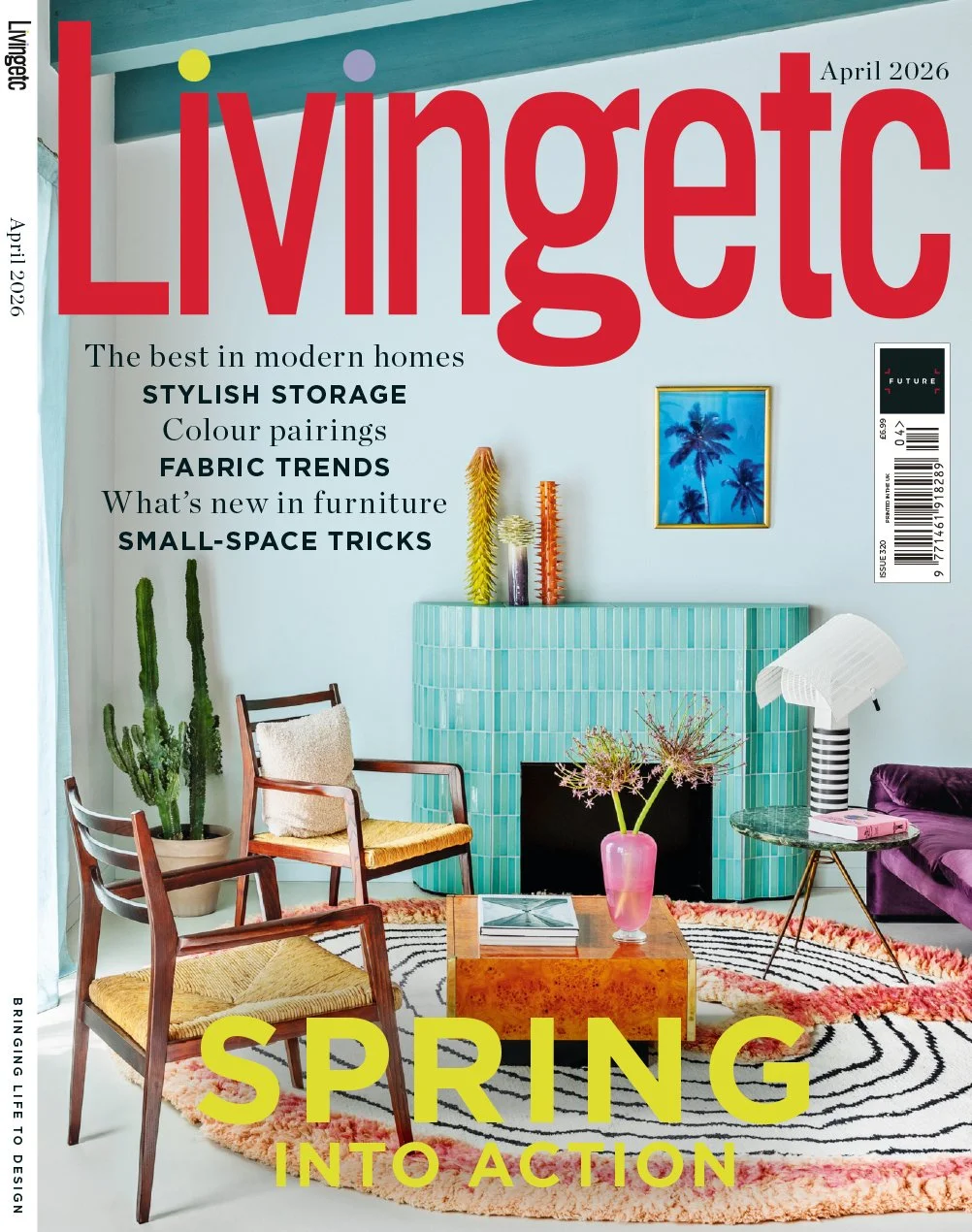 Zeitschrift Livingetc April 2026 mit modernem Wohnideen-Design auf dem Cover, Innenansicht eines stilvollen Wohnzimmers mit Vintage-Möbeln, bunten Dekorationen und Pflanze, Text 'Spring into Action'.