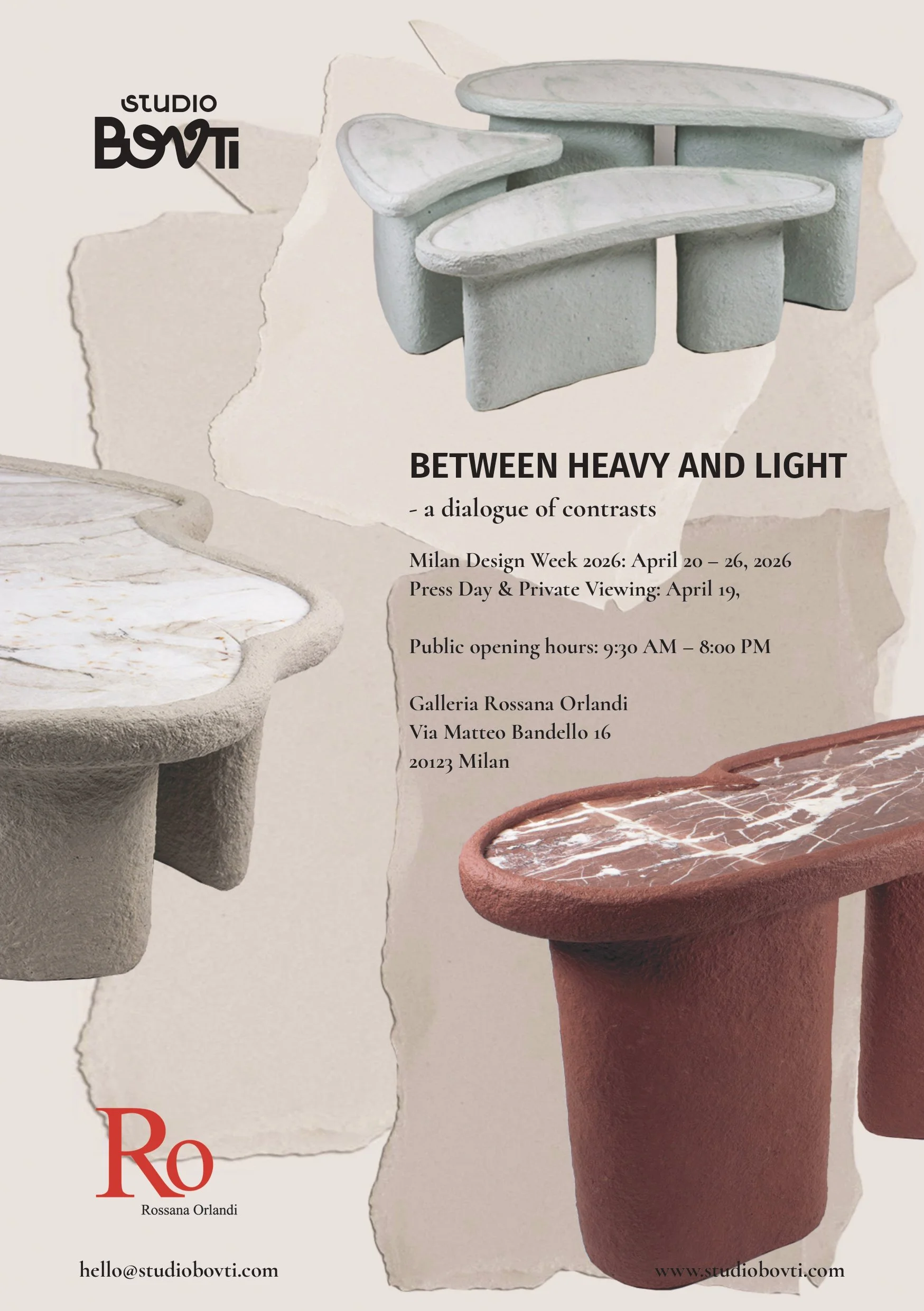 Ein Einladungsk arten für eine Designausstellung mit Tischarbeiten in verschiedenen Farben und Texten auf Deutsch und Englisch.