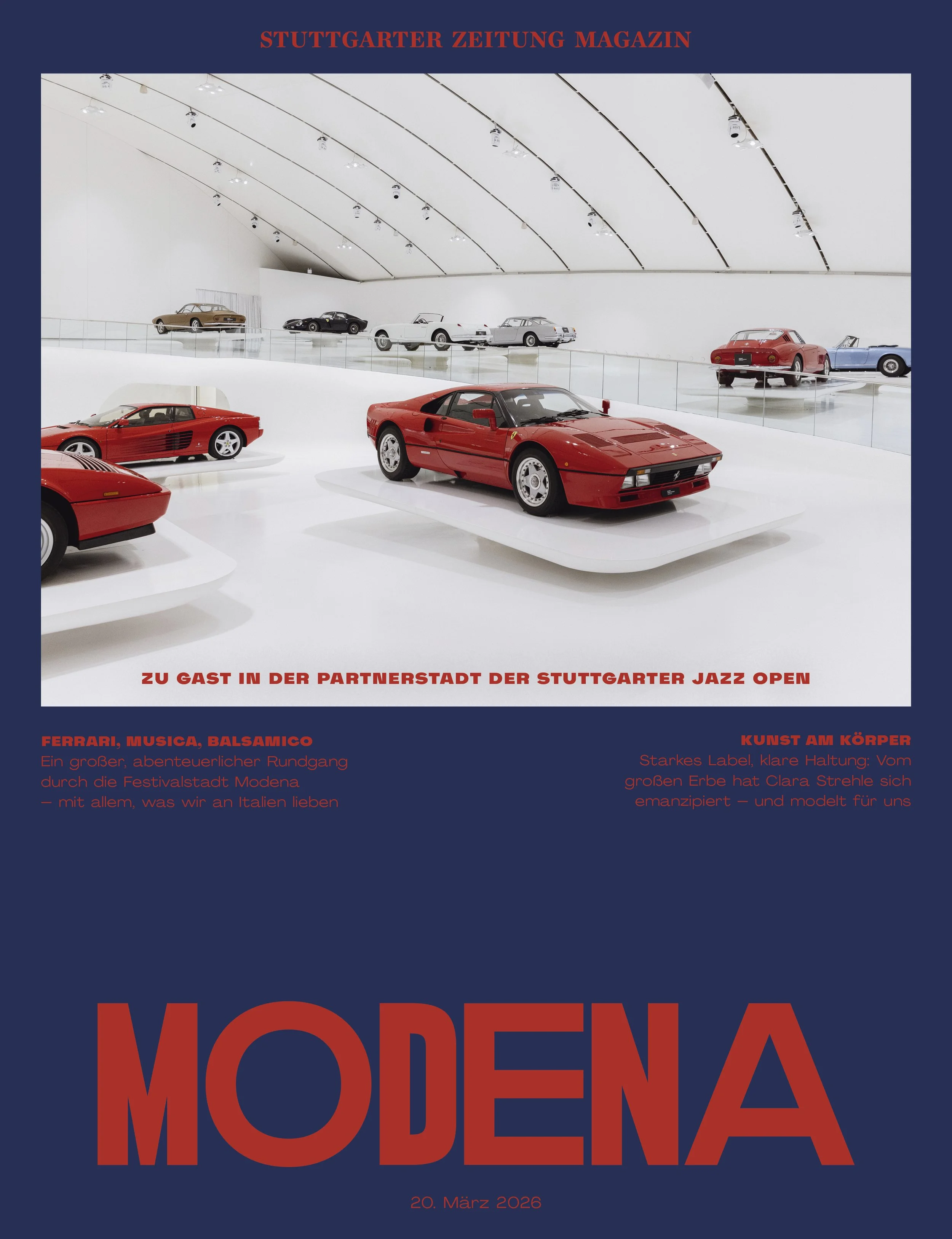 Ein Plakat für eine Ausstellung mit klassischen Ferrari-Autos in einem Museum, darunter roter Ferrari, schwarze, weiße und andere Oldtimer stehen auf weißen Podesten und im Hintergrund, in einem hellen, modernen Raum.