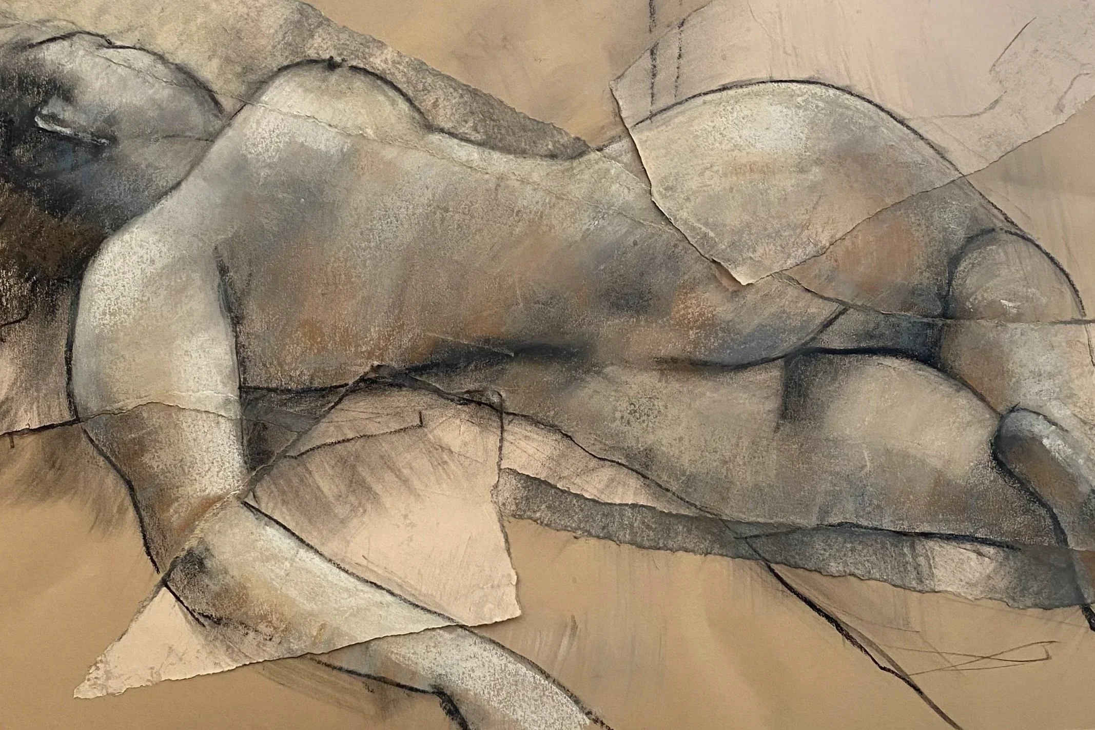 A detailed coloured pastel drawing of a reclining woman, with her eyes closed, lying on her side with one arm bent and under her head, and the other arm resting on her side, with soft shading and textured background.