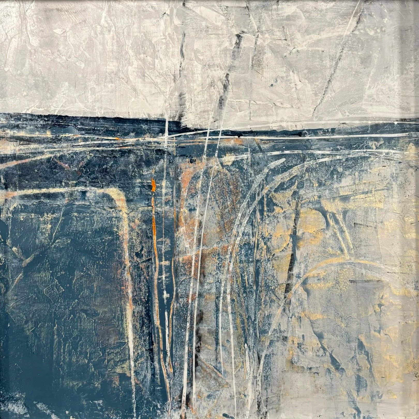 Abstract textured painting with shades of blue, gray, and white, featuring overlapping lines and scraped patterns.