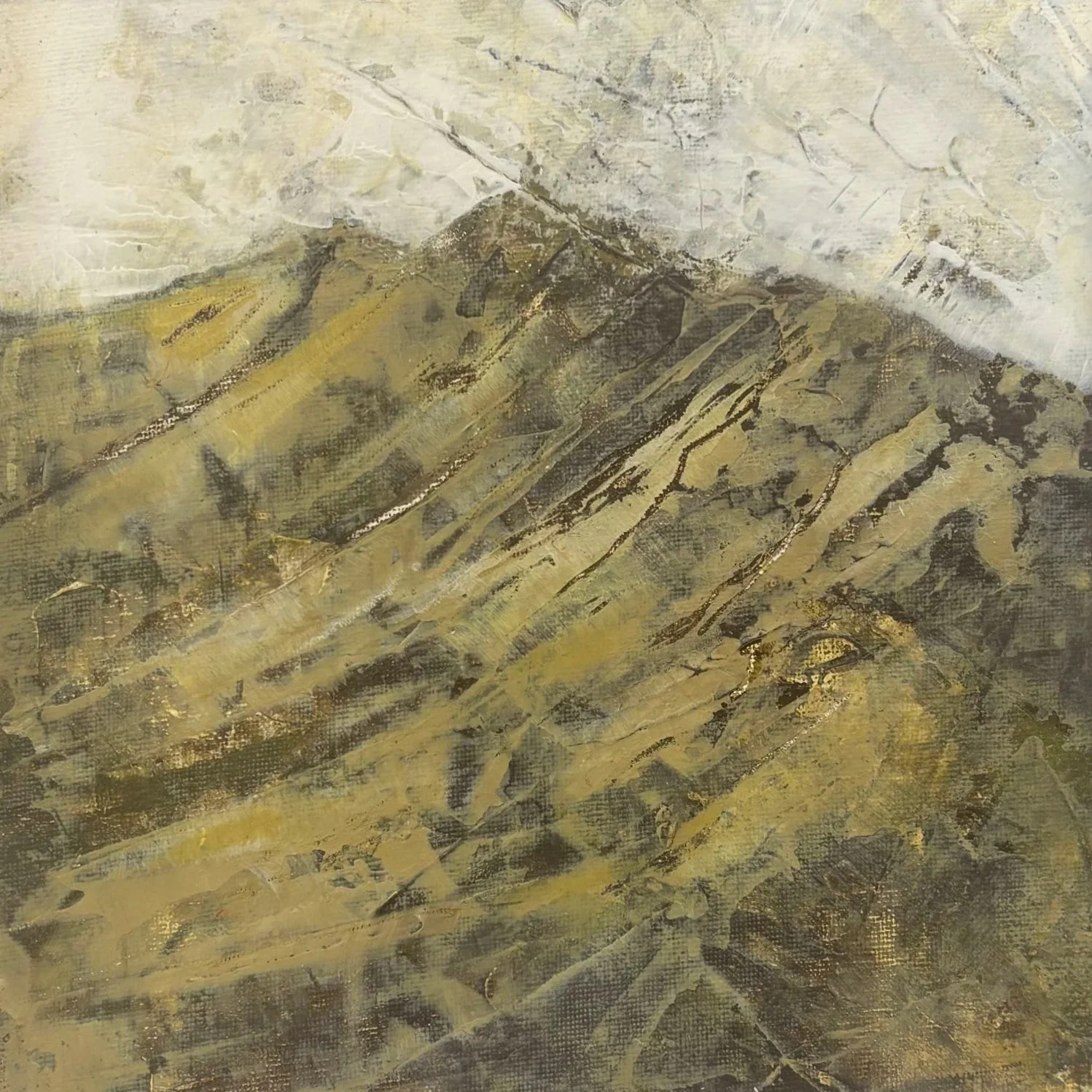 An abstract painting of a mountain with earthy tones of brown, yellow, and white in a textured style.