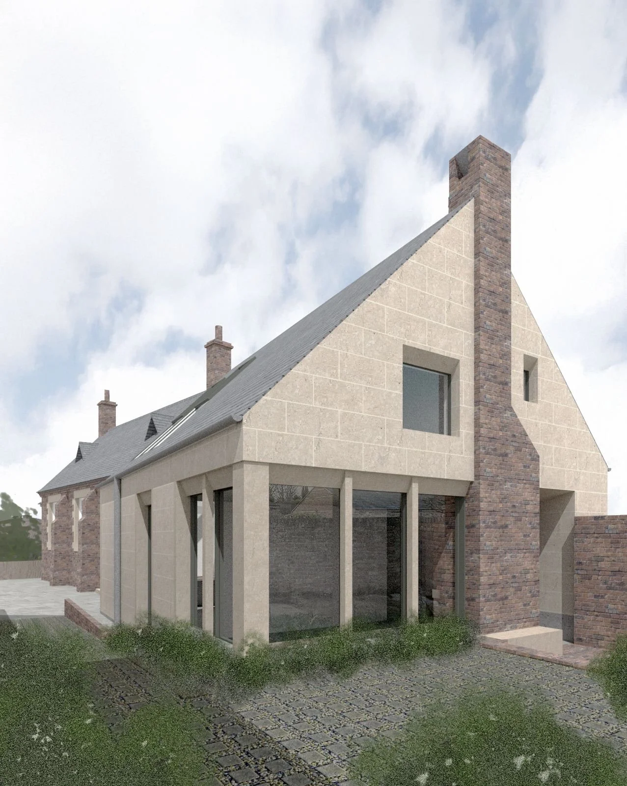 A modern house with beige walls, large windows, brick chimneys, and a gray sloped roof, set against a cloudy sky, with a paved stone patio and green grass in the foreground.