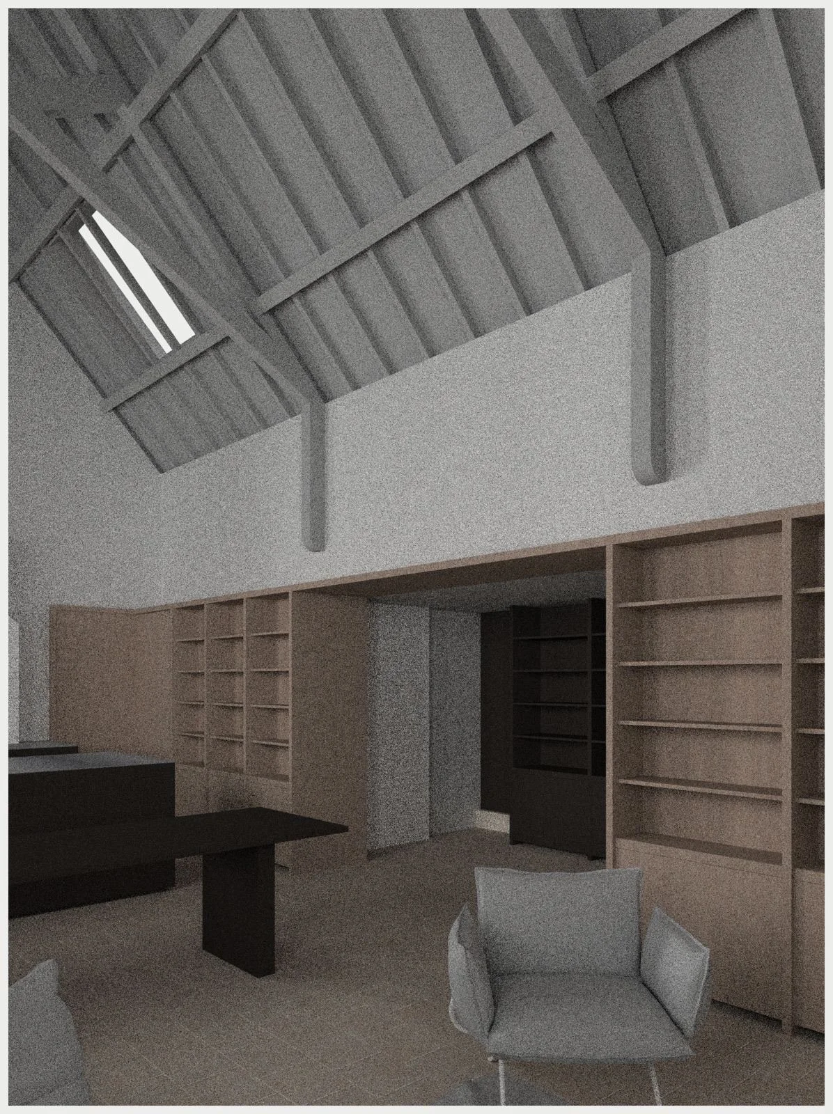 Interior of a room with a vaulted ceiling, wooden bookshelves, a desk, and a gray armchair.