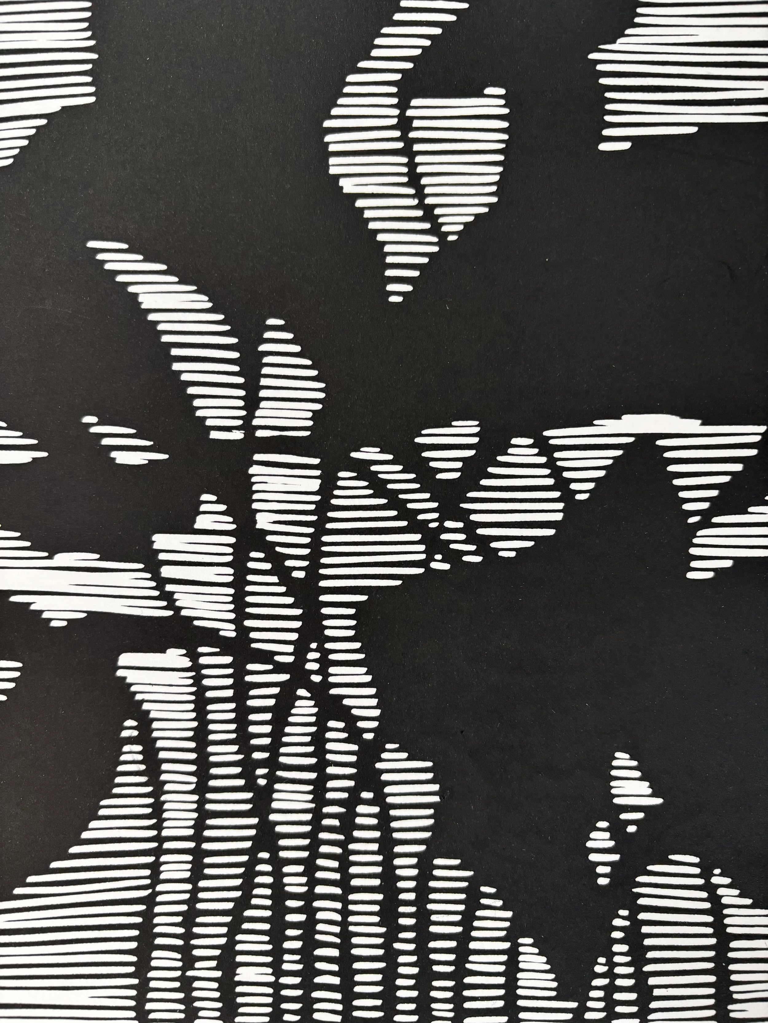 Black background with white horizontal lines forming the outlines of falling leaves.