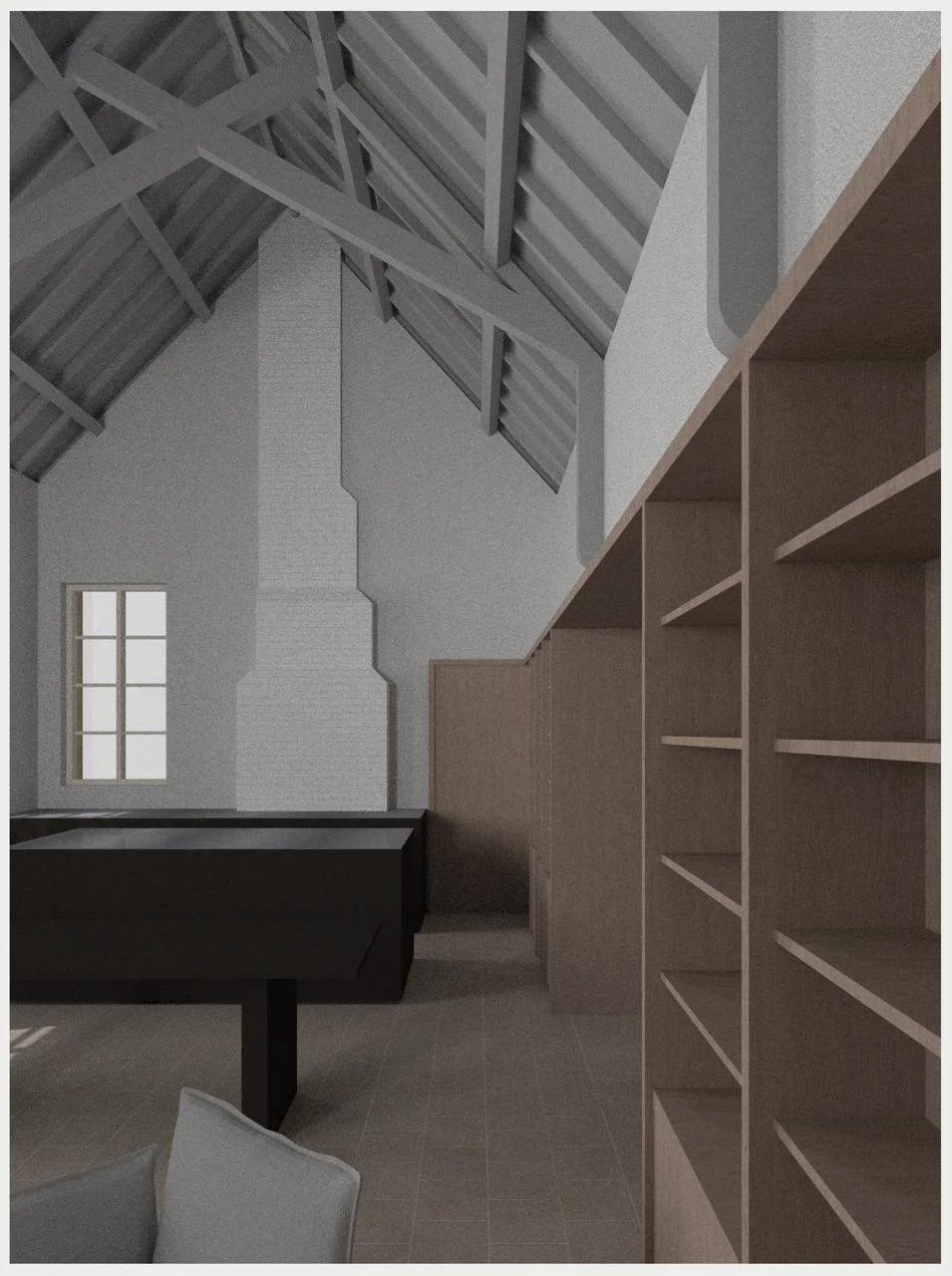 Interior view of a room with a high, sloped ceiling, a window, and built-in wooden shelves.