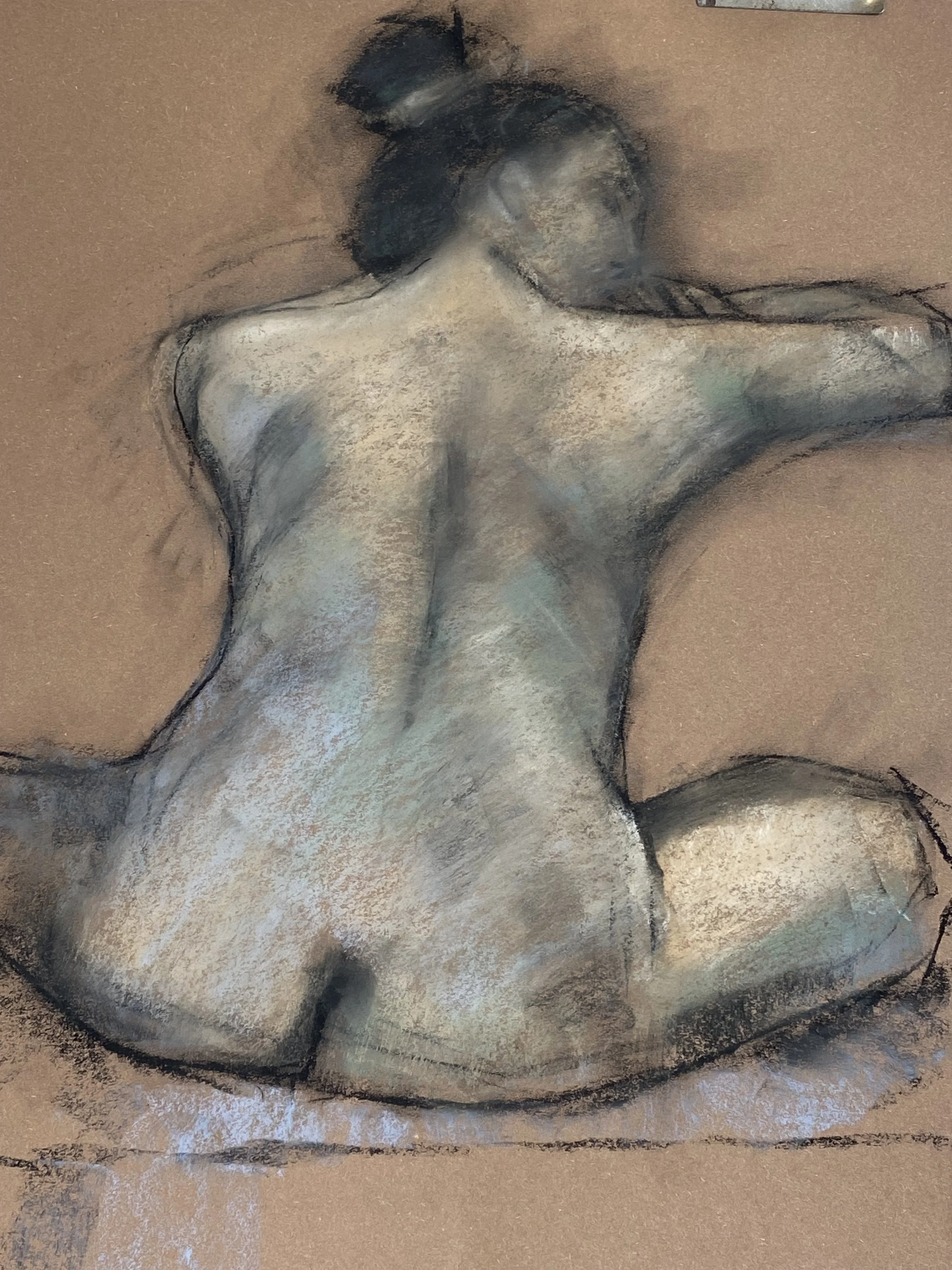 Pastel drawing of a nude woman sitting on the ground with her back facing the viewer, arms resting on a raised ledge