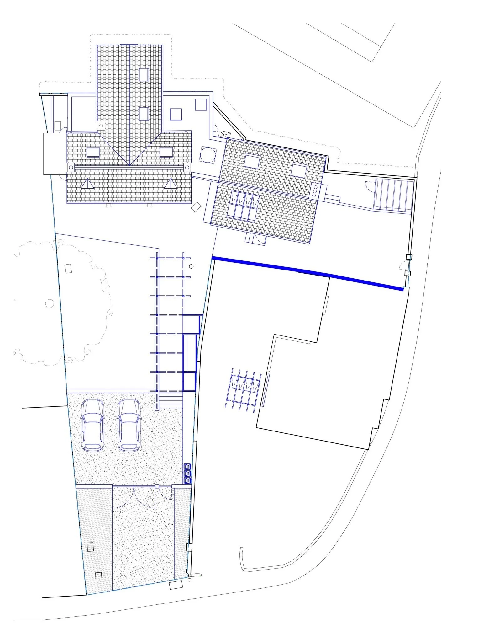 Architectural floor plan of a residential property showing house layout, driveway with two cars, outdoor areas, and property boundaries.