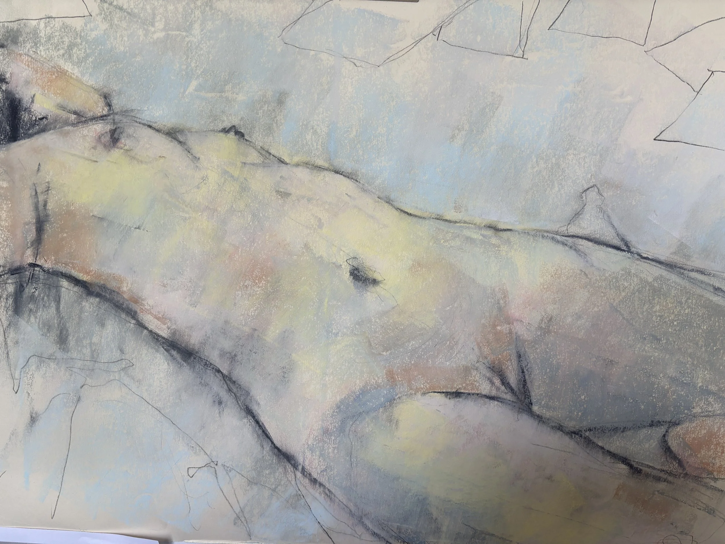 A close-up coloured pastel drawing of a reclining female figure with distinctive surface texture.
