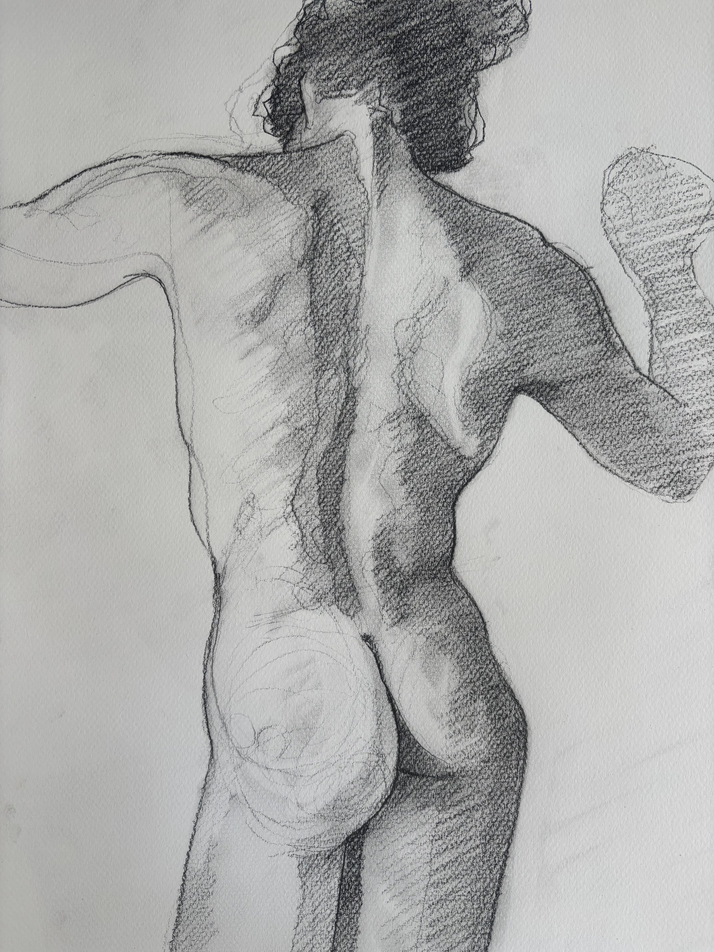 A detailed pencil sketch of the back of a nude man, with curly hair, showing hisshoulder blades, spine, and the curve of his buttocks.