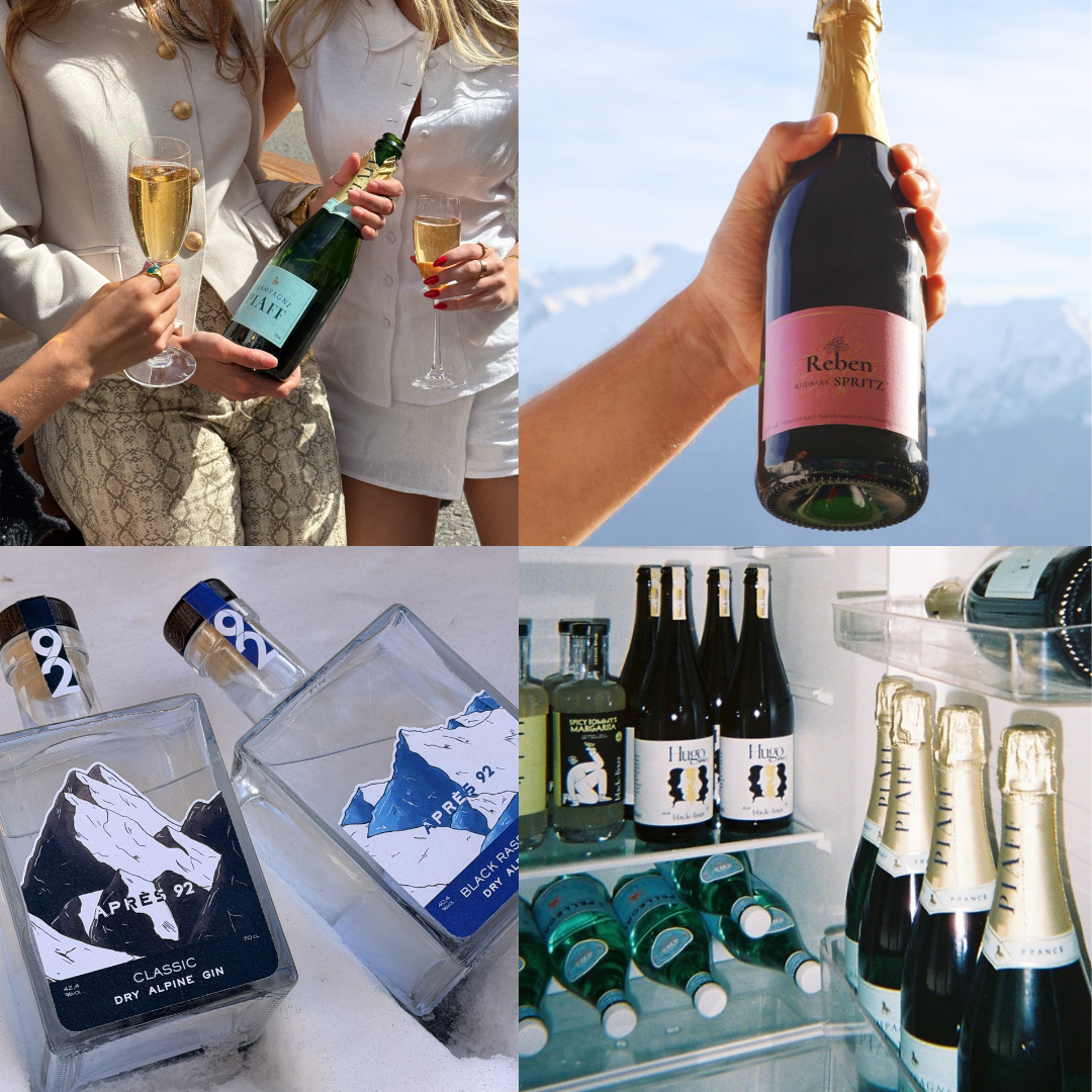 Collage of four images showing different alcoholic beverages: top left with people holding bottles and glasses of champagne, top right with a hand holding a bottle of Reben Spritz against snowy mountains, bottom left with cans and glasses of Après 92 dry alpine gin, and bottom right with bottles and cans of various drinks in a refrigerator.