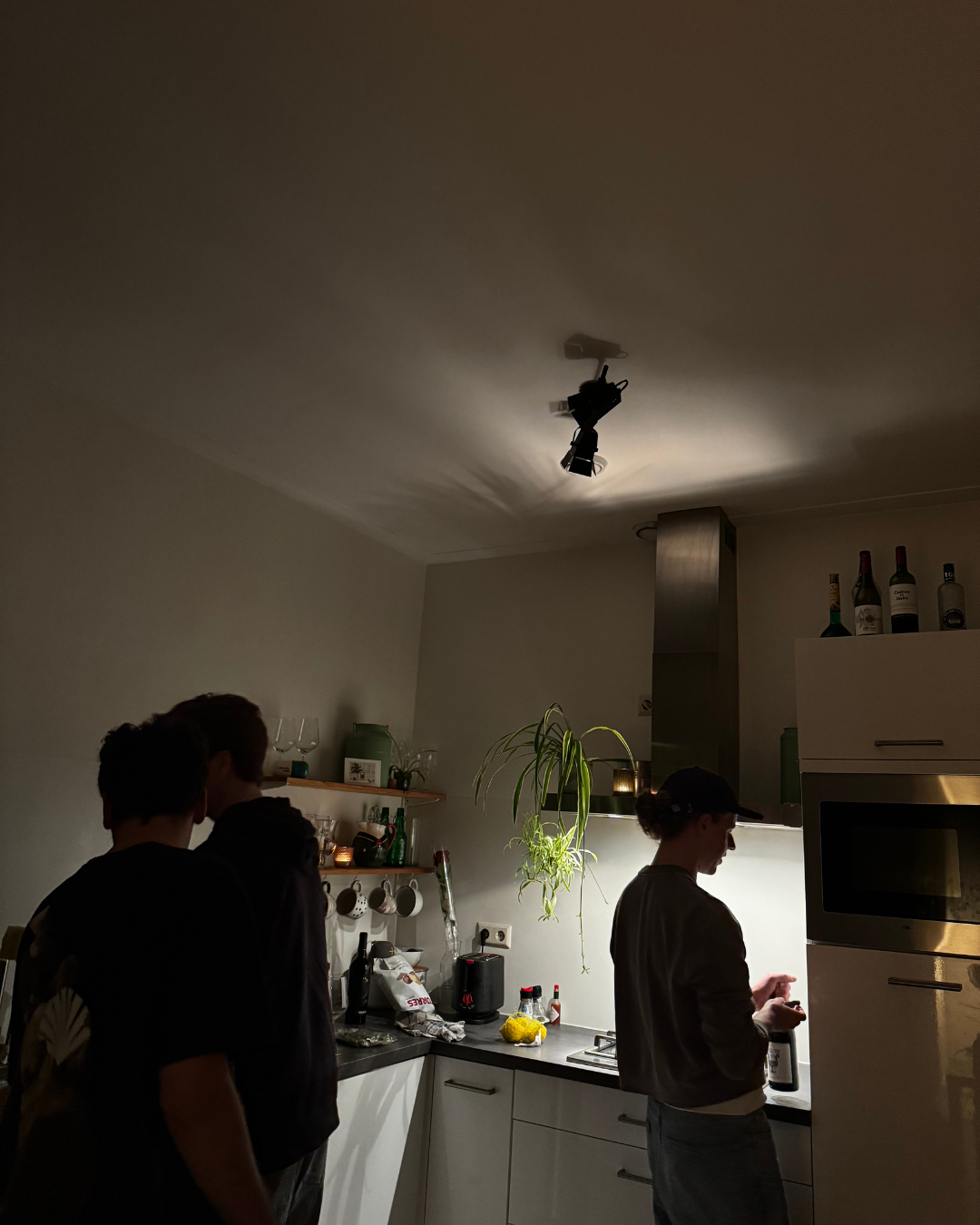 A dimly lit kitchen with three people standing near the counter, one wearing a baseball cap looking at their phone. Shelves with glasses and bottles are visible, and a hanging plant is above the counter. The ceiling has a spot light fixture, with some bottles on top of the cabinets.