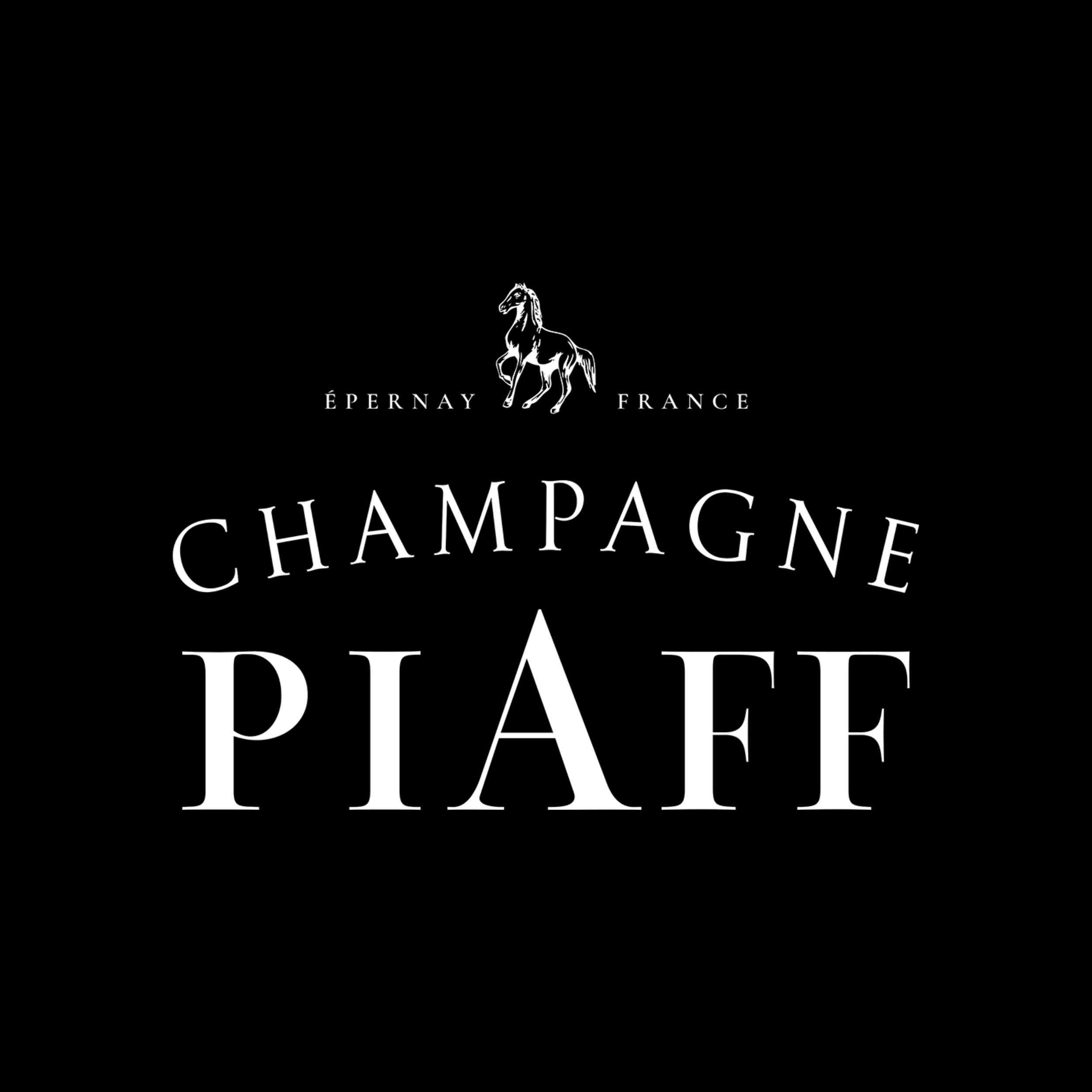 Black and white champagne label with a horse and the text "Champagne Piaffe, Épernay France".