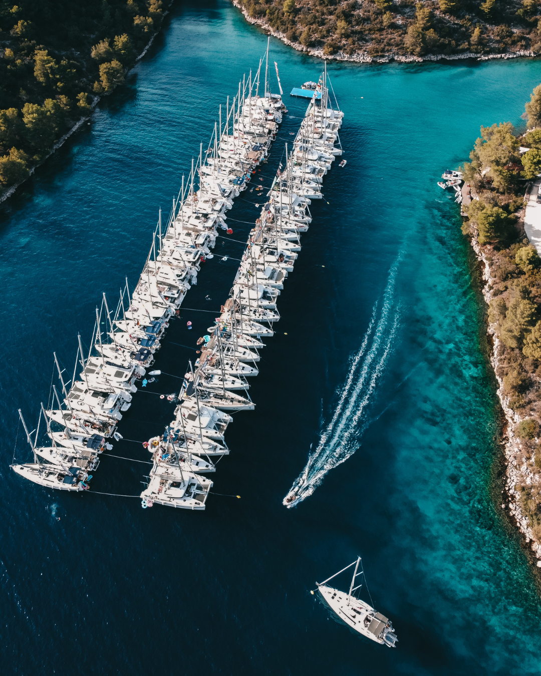 Aerial view of a marina with numerous white sailboats docked, surrounded by clear blue water and green shoreline.