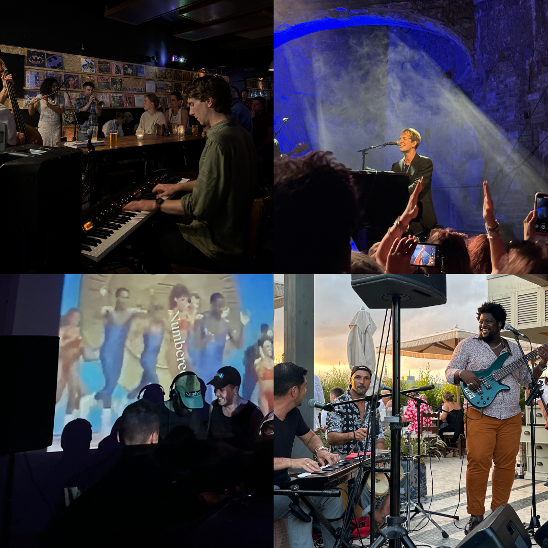 Collage of four images showing various live music performances in different settings, including a jazz band in a record store, a solo pianist at an indoor venue, a dance party with video projections, and a band playing outdoors during sunset.