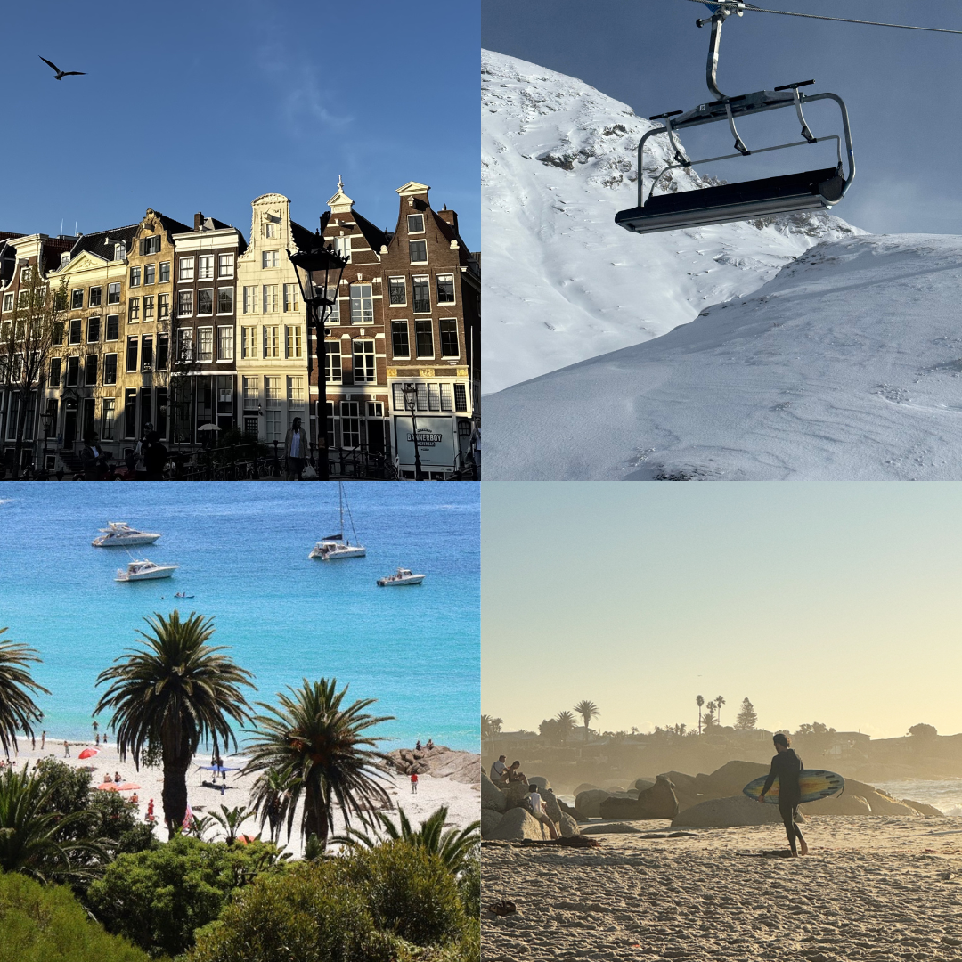 A collage of four images: top left shows historic European-style buildings on a city street, top right features a ski lift over snowy mountain slopes, bottom left displays a tropical beach with palm trees and boats on clear blue water, bottom right shows people on a sandy beach with a surfer and rocks, during sunset or sunrise.