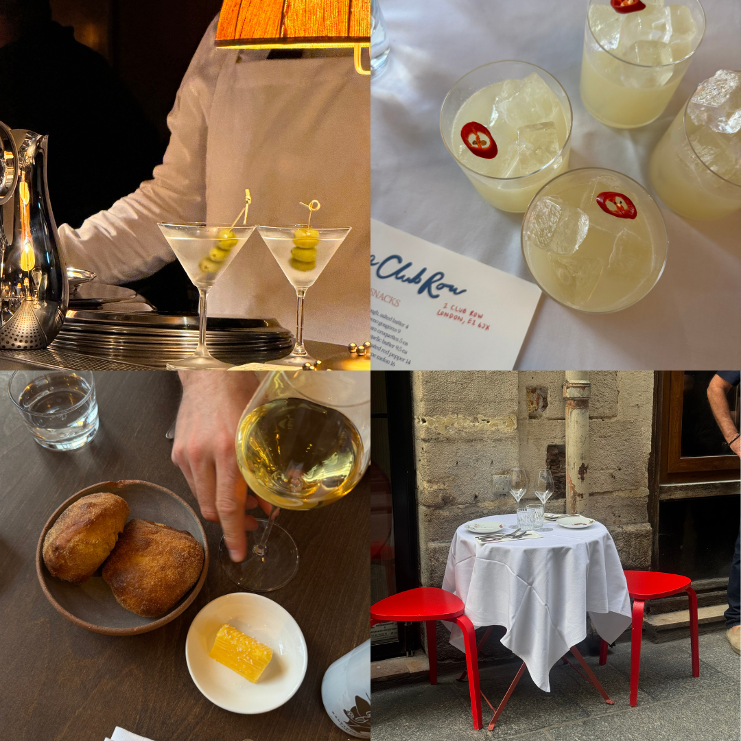 Collage of four images: two martini cocktails garnished with green olives, four glasses with a yellow drink and ice cubes with red chili slices, a hand holding a glass of white wine with fried croquettes and a small plate of lemon, and a table set for two with white tablecloth, two wine glasses, and red chairs outside against a stone wall.