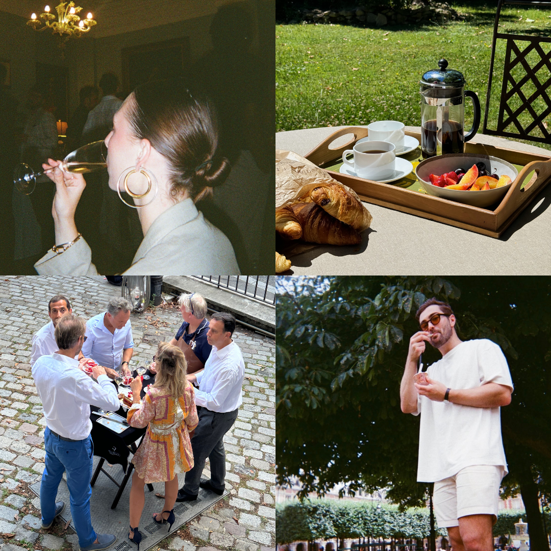 Composite of four scenes: A woman drinking wine at a party indoors; a breakfast tray with croissants, fruit, and coffee outdoors on a sunny day; people having a conversation outdoors on cobblestone street; a man talking on a mobile phone under a tree in a park.