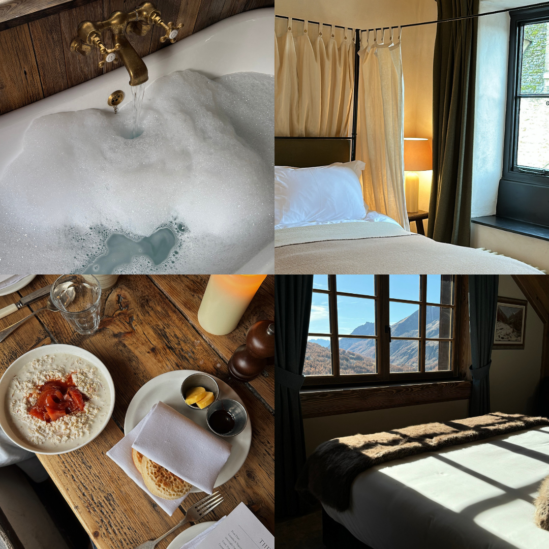 A collage of four images: a bubble bath with a gold faucet, a cozy bedroom with a four-poster bed, a rustic wooden table with breakfast including oats with jam, bread, and coffee, and a bedroom with a large window showing mountain views and sunshine.