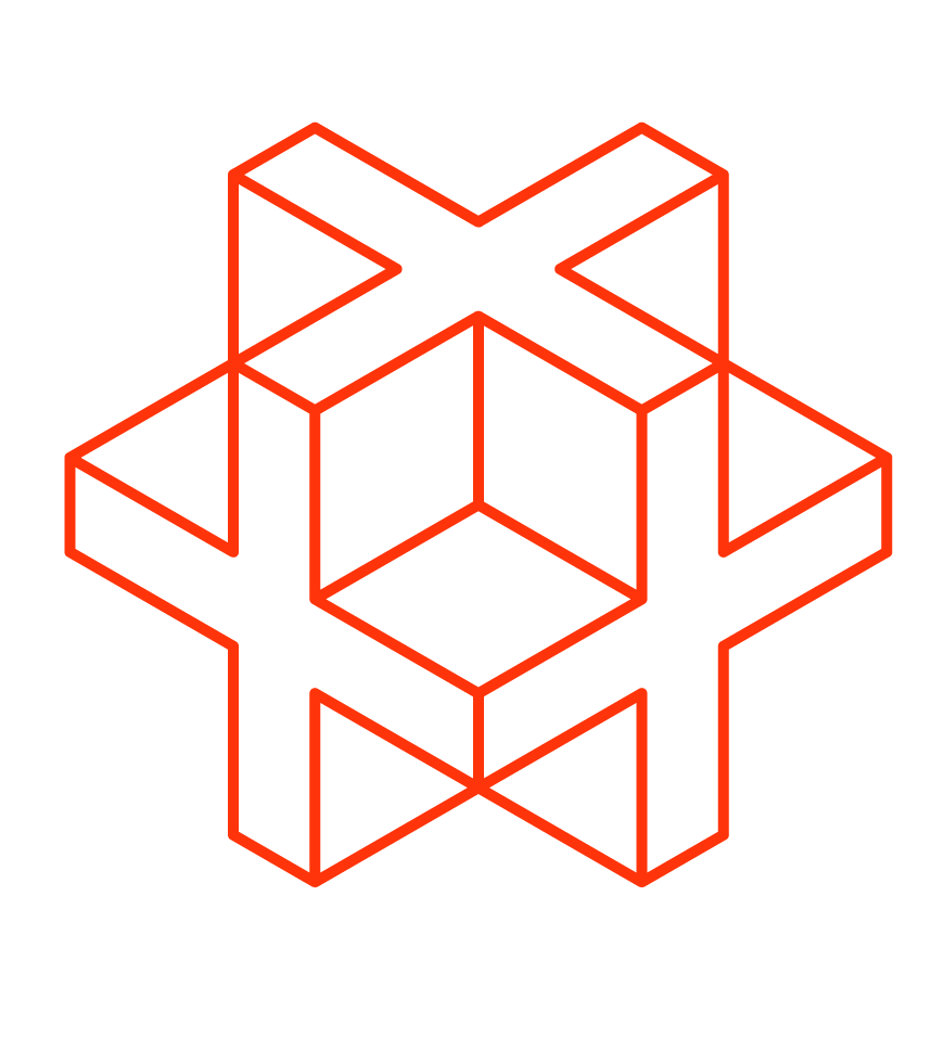 Red and black geometric 3D cube illustration with interconnected lines forming a star shape