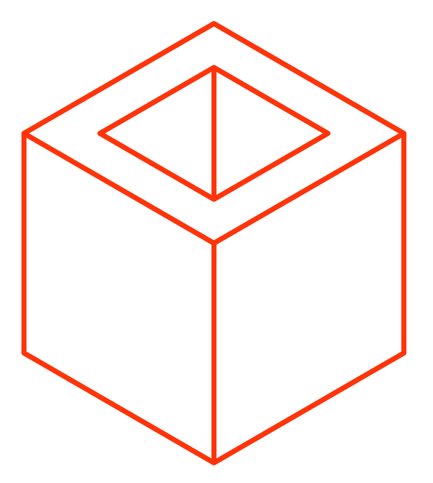 A 3D wireframe drawing of a cube with a smaller square on top showing an opening at the top of the cube, depicted in red lines on a black background.